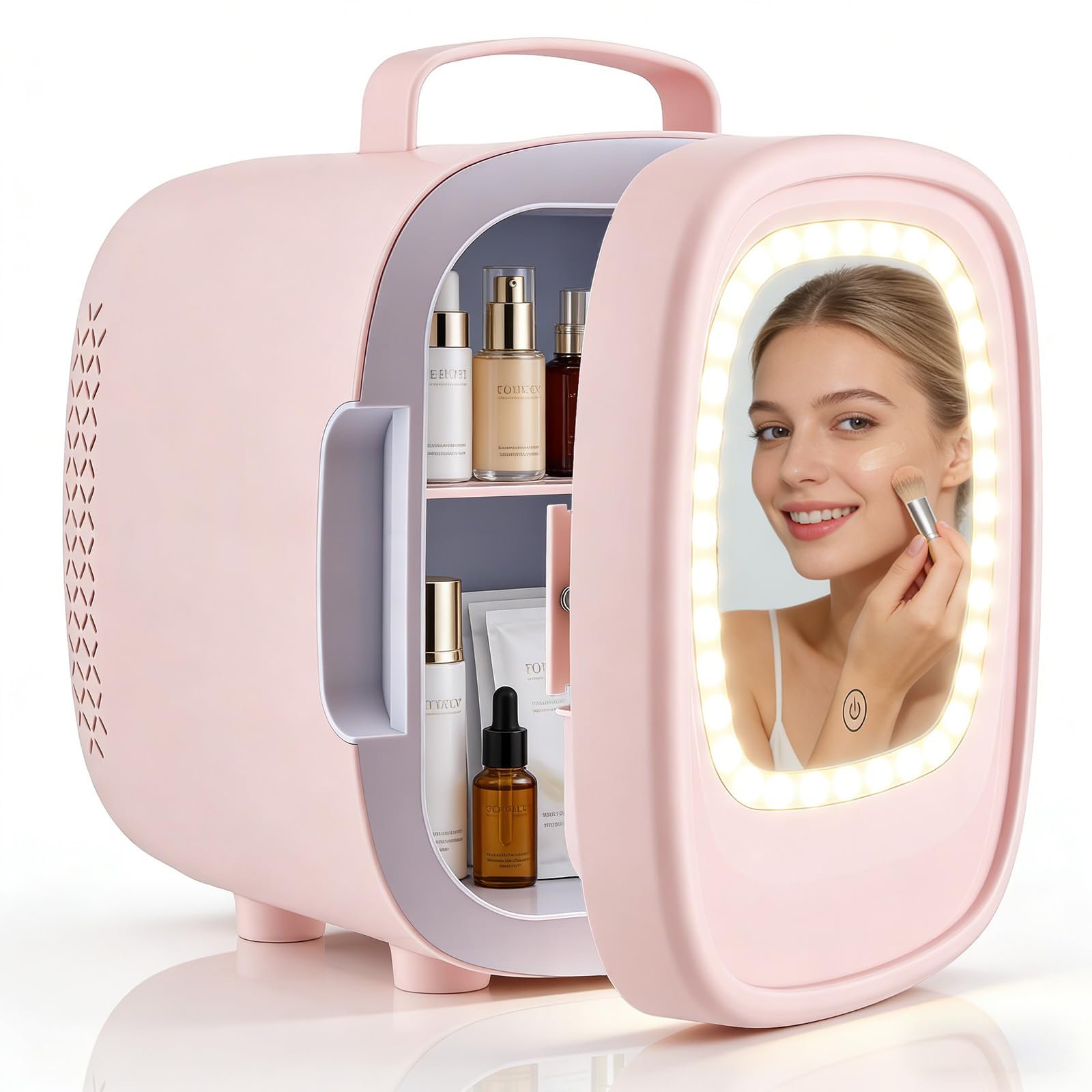 Mini nevera de 6 litros con espejo LED para cosméticos, bebidas, pequeña nevera para el cuidado de la piel en el dormitorio y el bañ