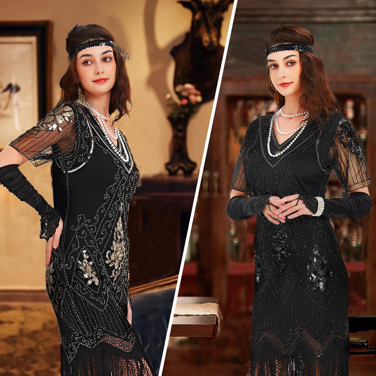 WILDPARTY Disfraz de los años 20 Roaring 20s Charleston, vestido flapper con mangas finas lentejuelas perlas flecos vestido vestido de los años 20 accesorios vintage mafia disfraz mujer