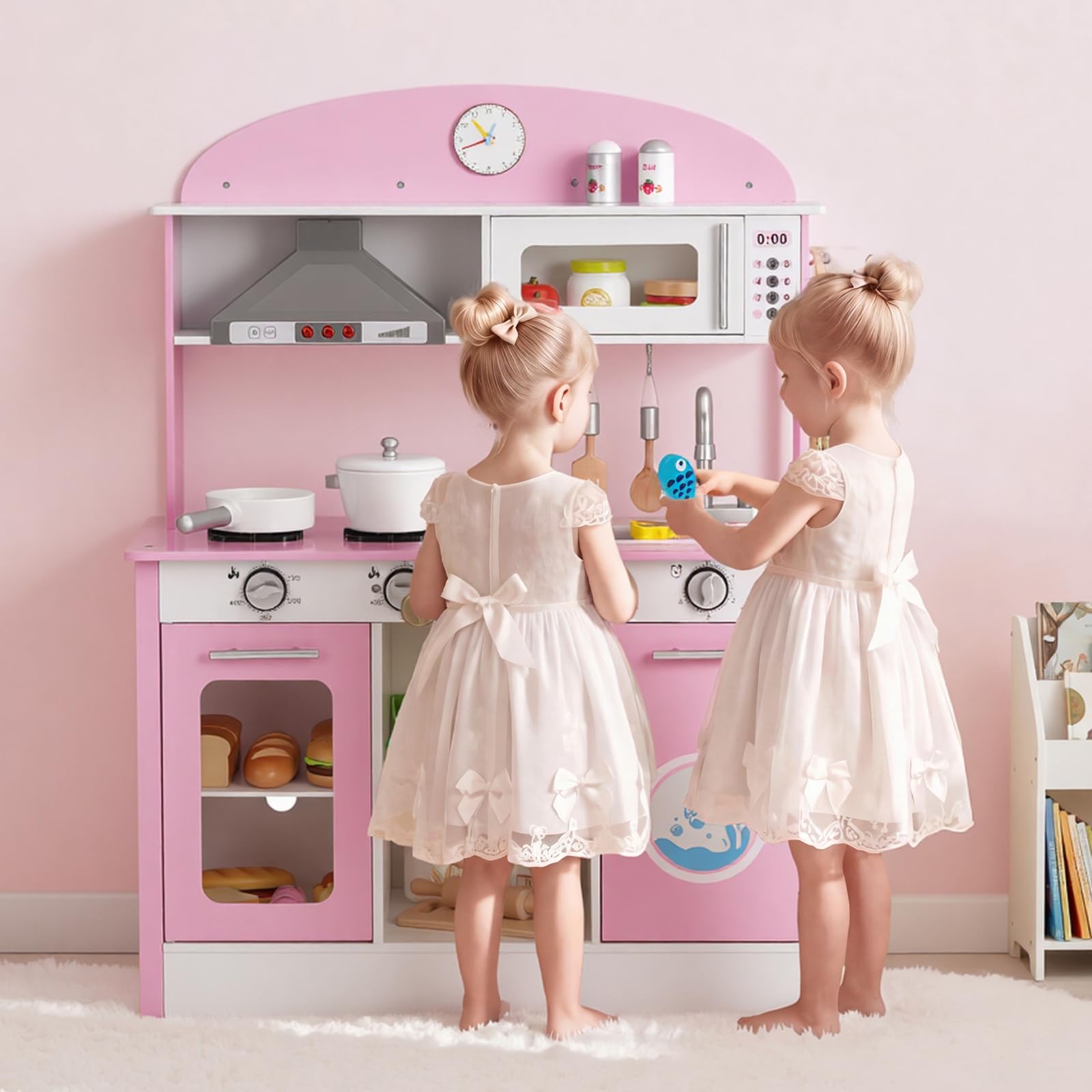 VEVOR Cucina Giocattolo per Bambini in Legno, con Luci e Suoni Realistici, Accessori Cibo e Pentole, Macchina per Ghiaccio, Cappa Aspirante e Forno a Microonde, Gioco di Ruolo, per Bambini 3-8 Anni