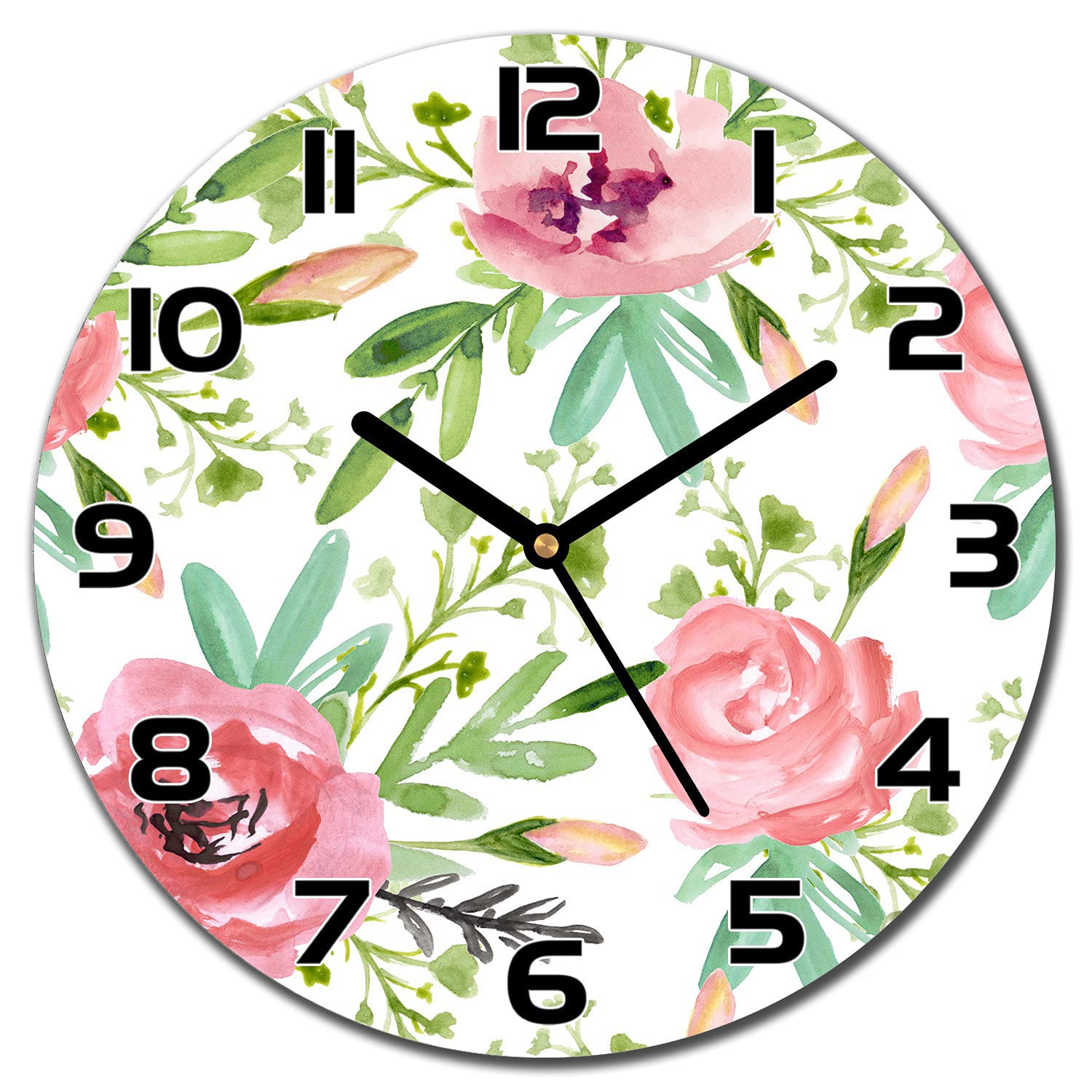 Horloge en verre 30 cm Aquarelle de Fleurs avec aiguilles noires Coloray