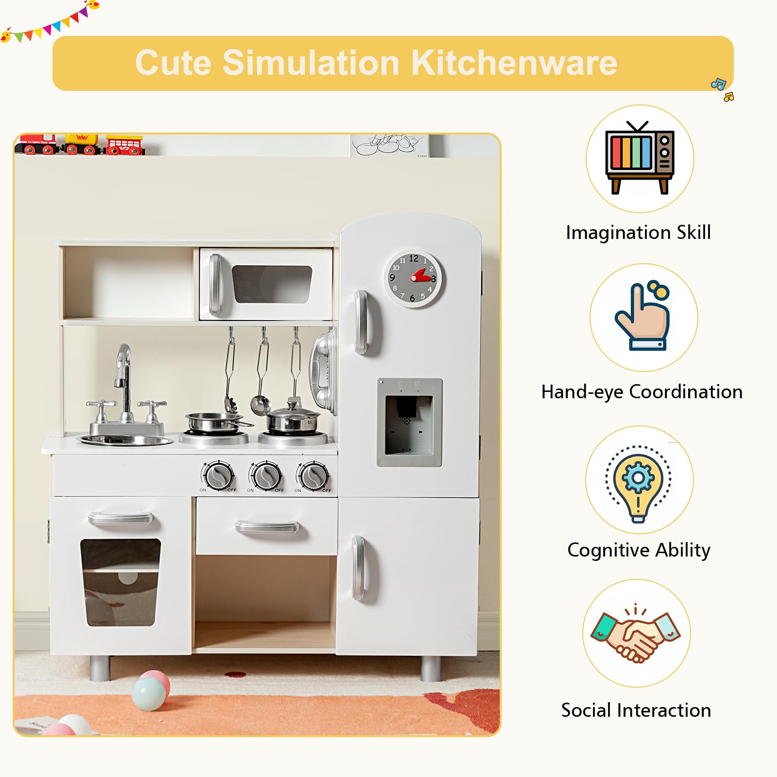 HOMASIS Cucina Giocattolo per Bambini Bianco, in Legno con l'Orologio, Set da Gioco Educativo dai 3 Anni in Su