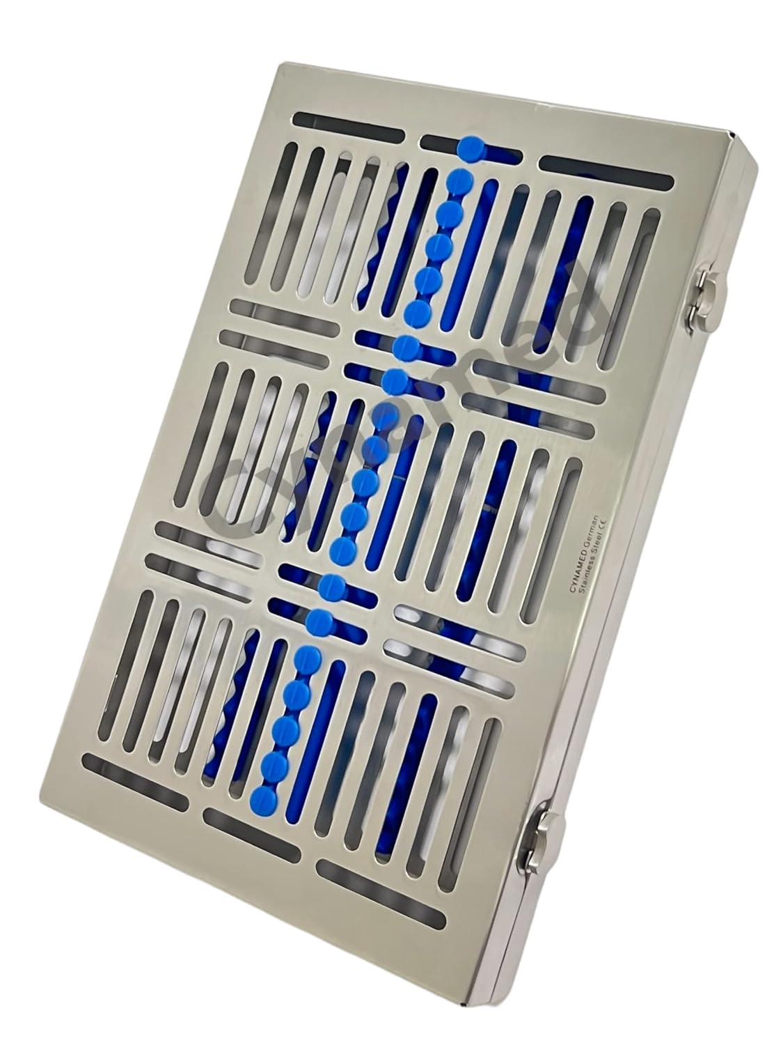 Set of 4 Autoclave Sterilization and Storage Box with Silicone Inserts | Double Button Lock | Detachable Lid | 20 Slot | 11" x 7" x 1.25" | German Steel
