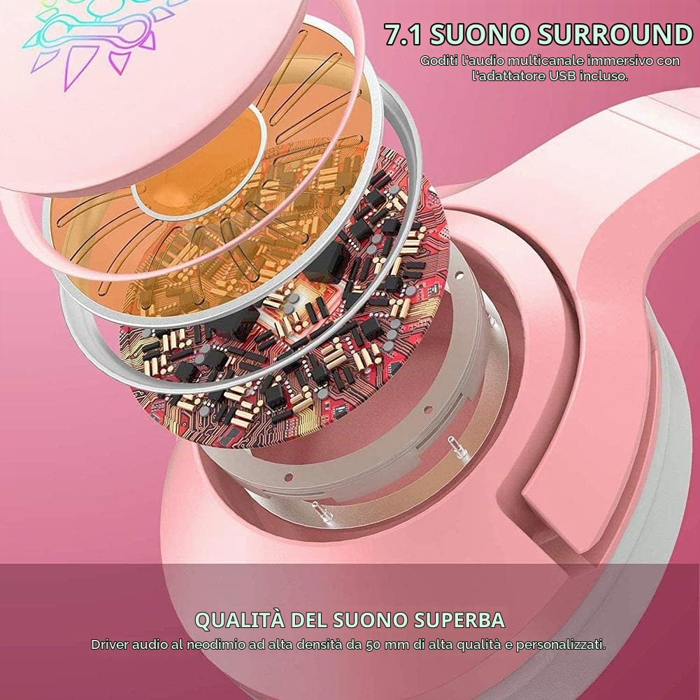 Cuffie Da Gioco Gaming Rosa con Orecchie di Gatto USB Cablate | Auricolari Gaming headset con Microfono, Suono Surround 7.1, Riduzione del Rumore, Luce LED, Cat Ear, Per Adulti Ragazze PC