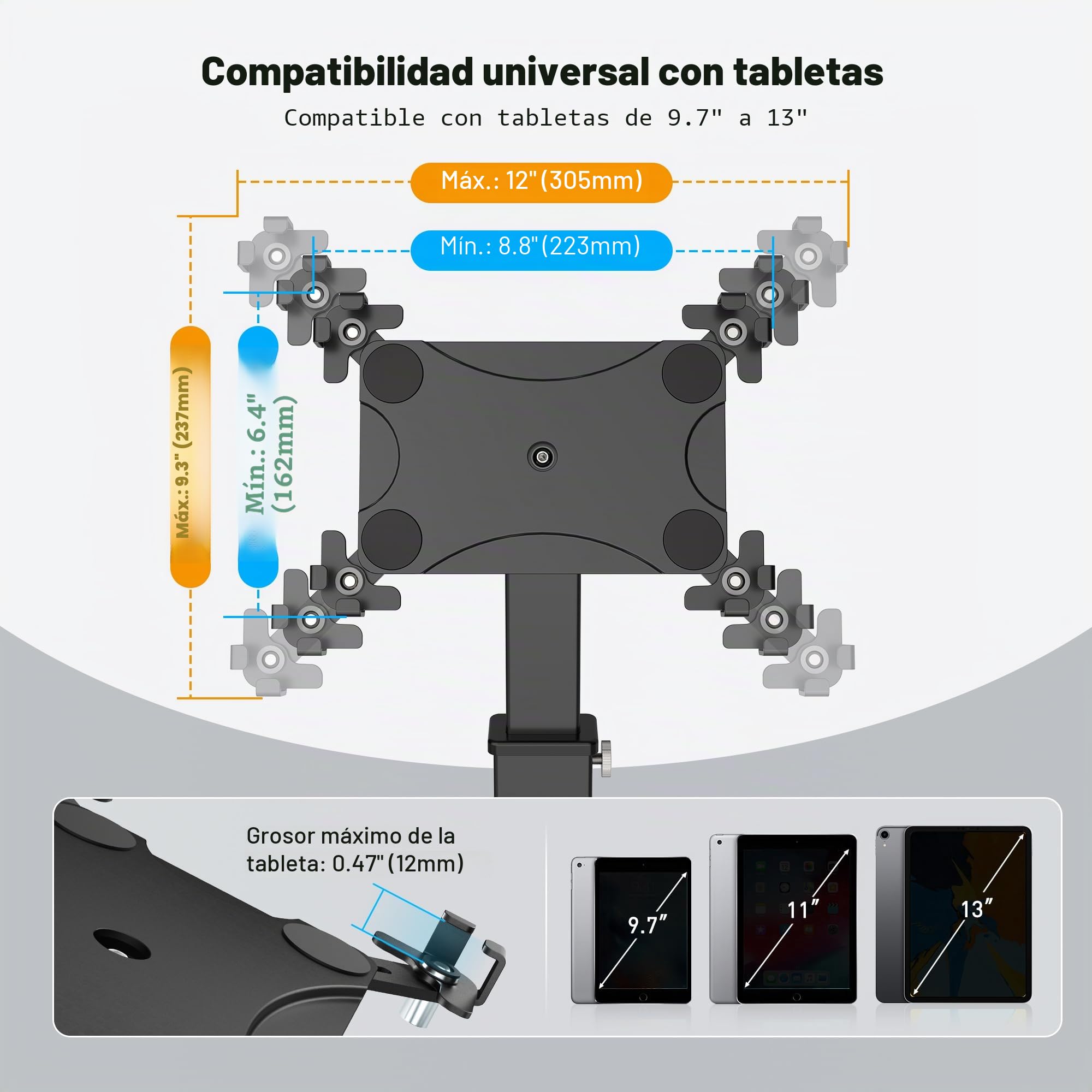 AboveTEK Soporte Antirrobo de Escritorio para iPad, Ajustable con rotación de 360° e inclinación de 180° para tabletas de 9,7 a 13 Pulgadas,Aluminio Resistente, Ideal para el Trabajo-Negro
