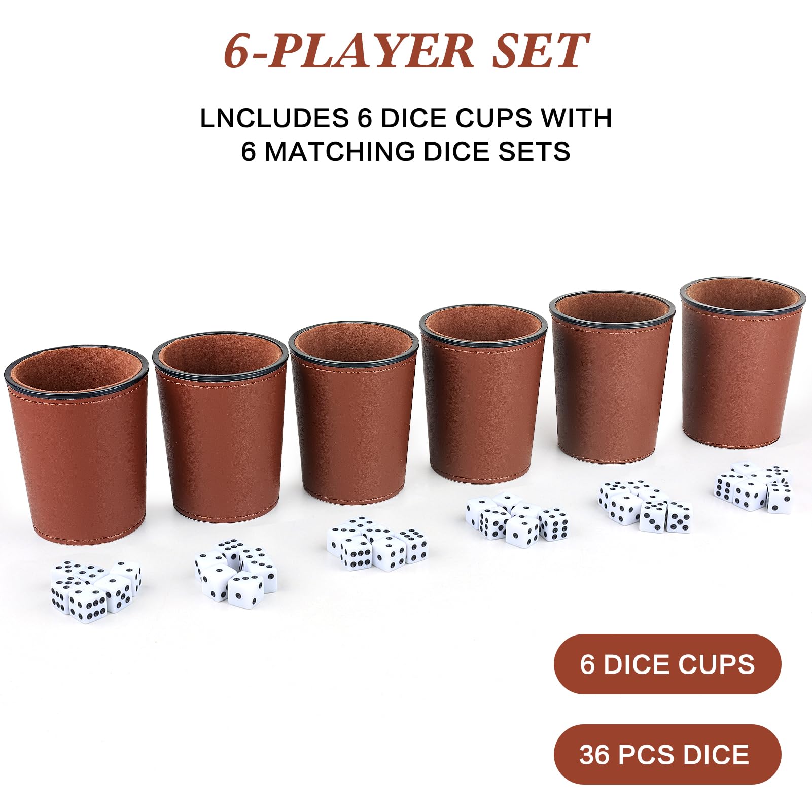 Filzgefüttertes PU-Leder-Würfelbecher-Set, 6 leise Shaker-Becher mit 36 Würfeln für Bar-Party, Yahtzee Farkle-Spiele, Dunkelbraun