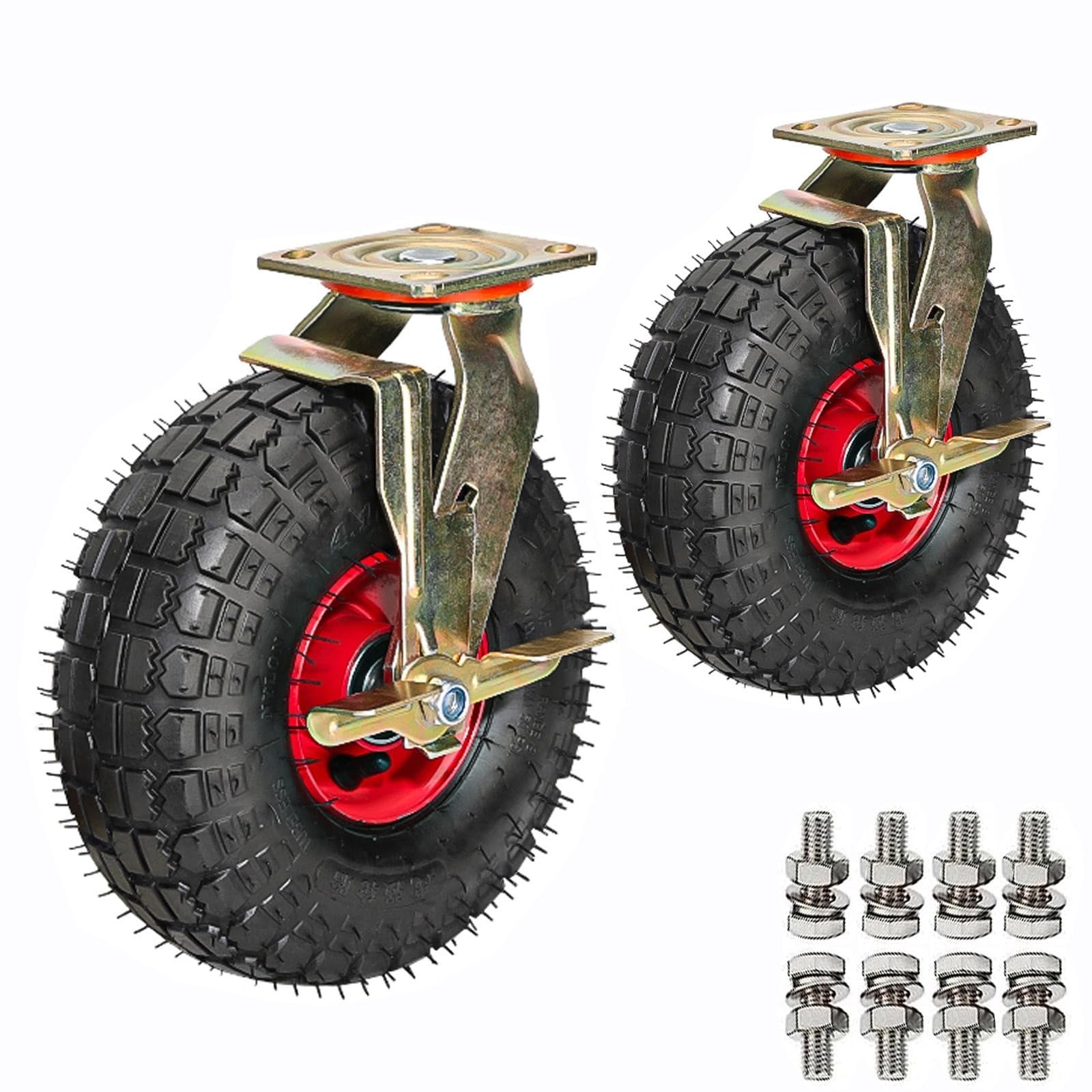 ZGUOUZANTYE 2 Industrial Swivel Casters Rubber Trolley Wheels Large Flat Pneumatic Caster With Screws Shock Absorption No Noise(BRAKES,200mm/8in)