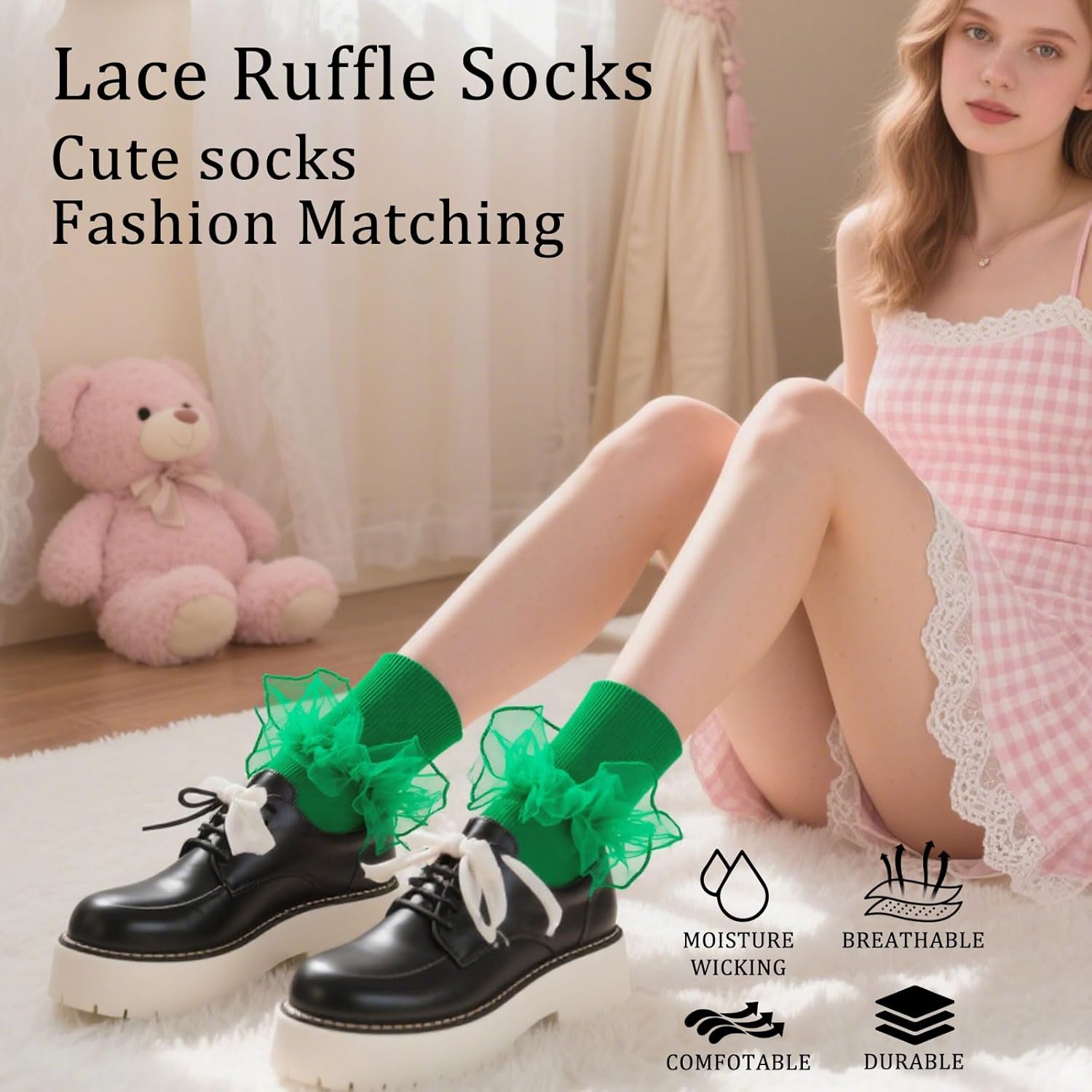 Women Big Ruffle Ankle Socks Adult Double Lace Frilly Socks Fold Cuff Cotton Ruffled Dress Crew Bobby Bride Sock - Image 5
