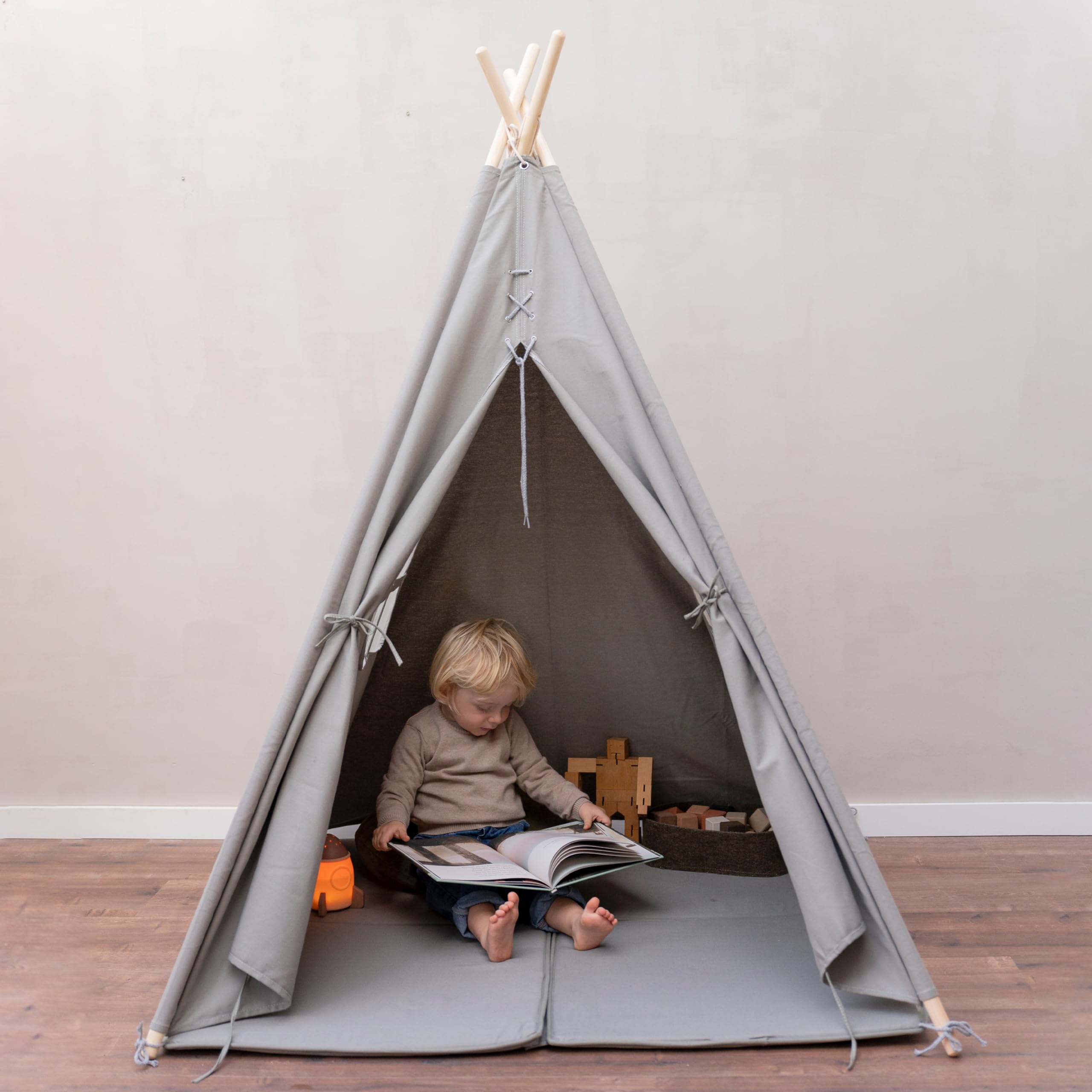 Sunny Alba Tipizelt für Kinder in Grau |Tipi/Wigwam Zelt mit Boden für Kinderzimmer | Spielzelt aus Baumwolle 120x120 cm