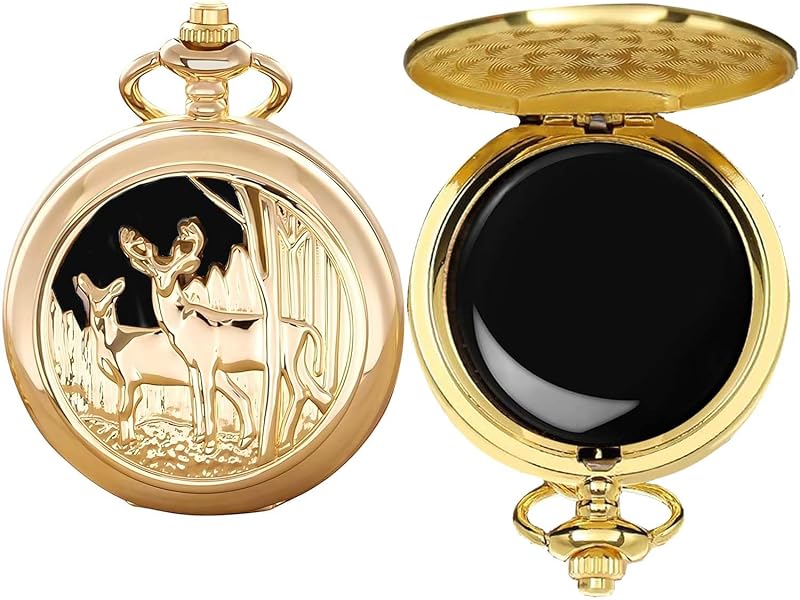 Espelho compacto redondo DerMacht em obsidiana preta C2. Peaceful Reindeer - Gold com corrente, 1 unidade