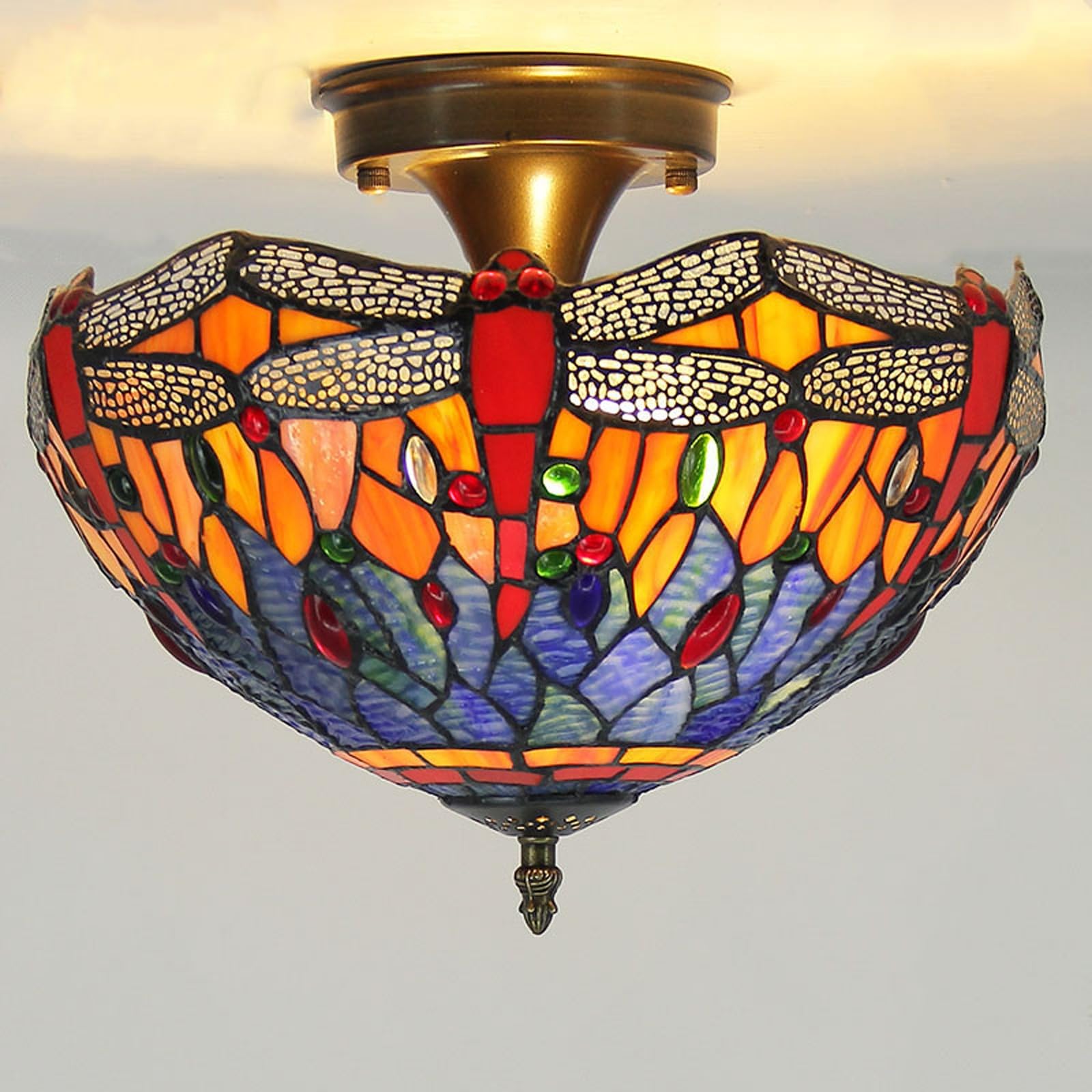 WDBZTJ Tiffany Style Ceiling Light Flush Mount, 12 inch Stained Glass Ceiling Lamp, E27 Bulb, Vintage LED Chandeliers for Living Room Bedroom(D2)