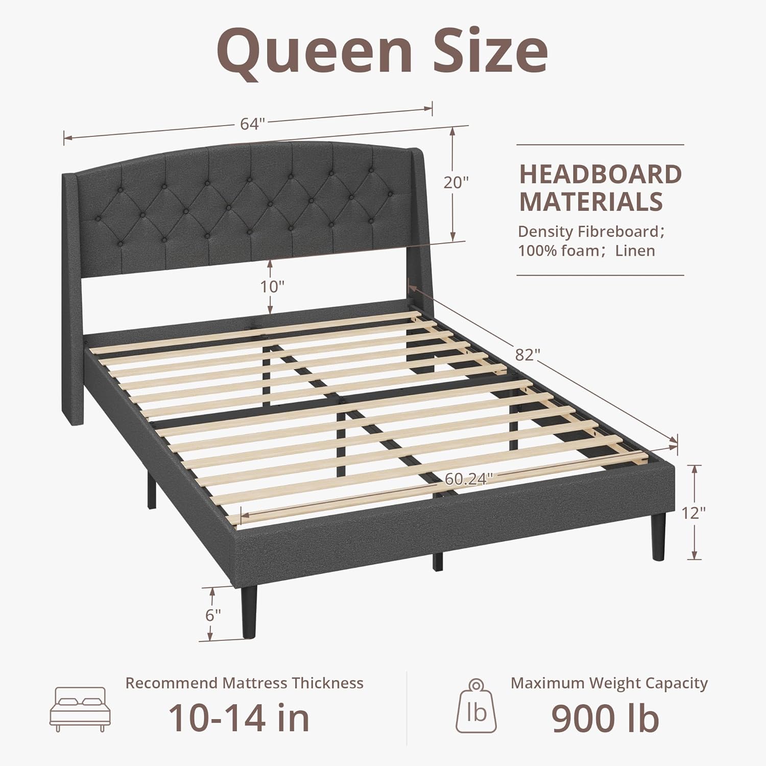 EGOHOME Queen Size Metal Bed Frame,Wingback Fabric Headboard and 6 Inch Underbed Space,Heavy Duty Steel Construction & 900lb Weight Capacity,Effortless Assembly with Ratchet Wrench,Dark Grey