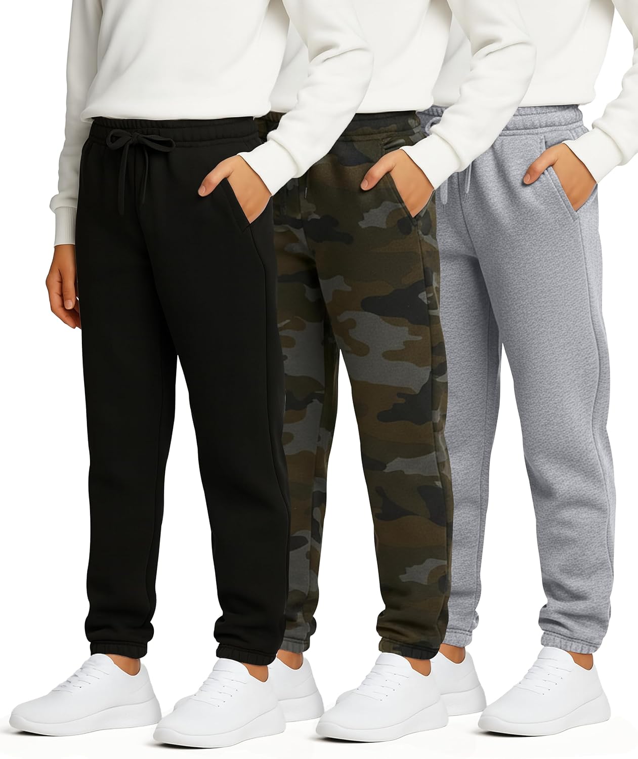 Real Essentials 3 Pack: Boys Tech Fleece Jogger Active Sweatpants with Pockets - Youth Soft Athletic Joggers (Size 6-24) Large Set 8