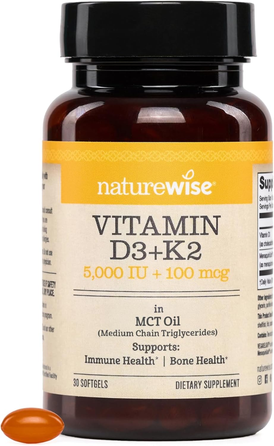 NatureWise Vegan Vitamin D3 + K2 with Organic Coconut MCT Oil – Organic D3 5000IU + Natural K2 100mcg – High Absorption Bone Support – Soy & Gluten Free – USA Manufactured – 30 Softgels[30-Day Supply]