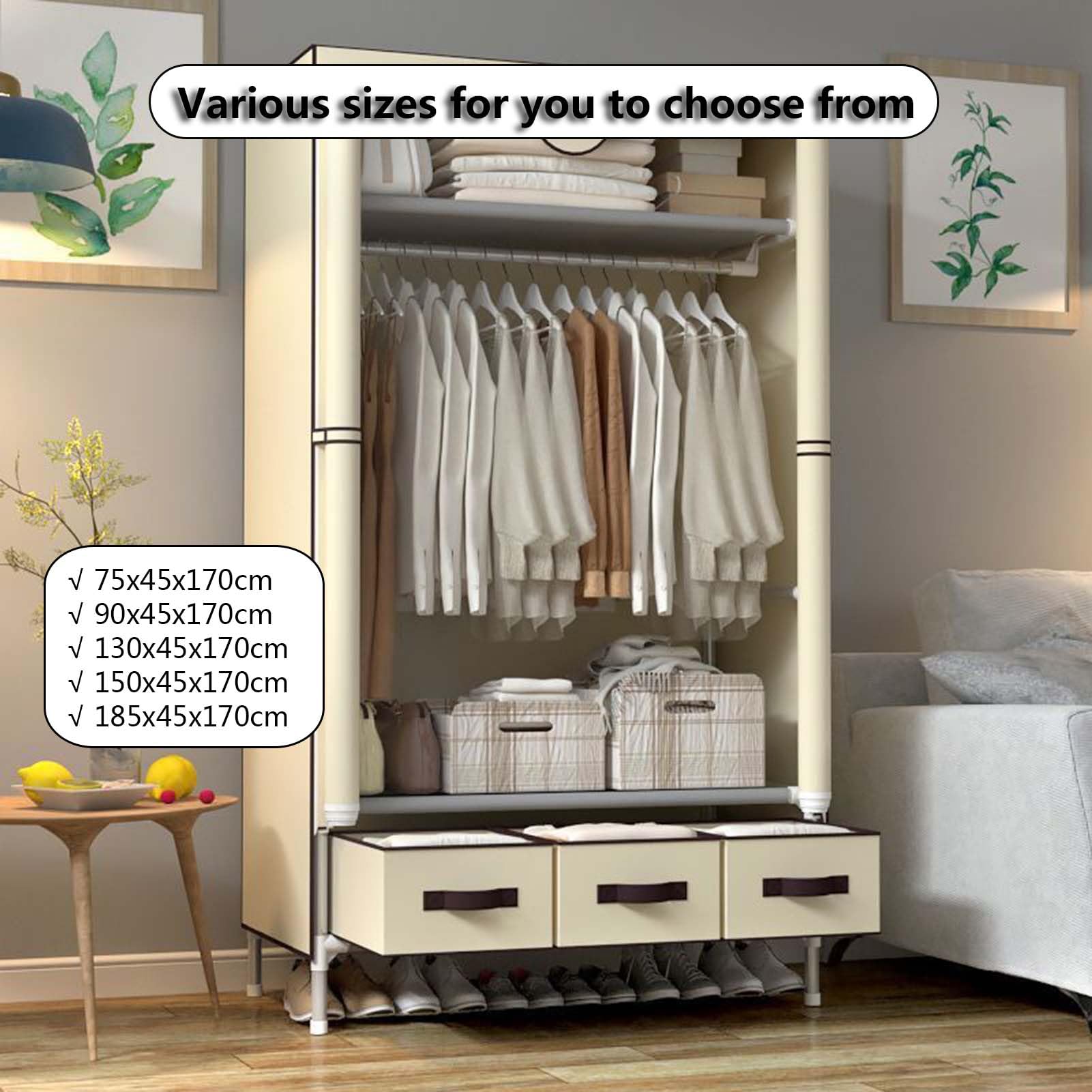 Stoff Kleiderschrank, Stoffschrank mit Kleiderstange, Tragbarer Kleiderschrank Diverse Farben, für Aufbewahrung, Taschen, Schlafzimmer, Ankleidezimmer (C 90cm)