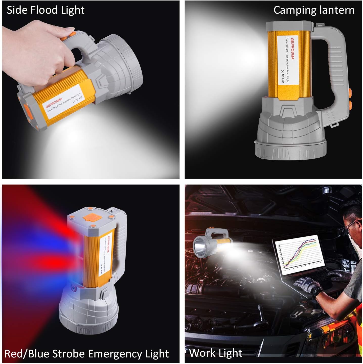 Super Bright Handheld Led Spotlight Flashlight Powerful Searchlight USB Rechargeable Large 4 Battery 10000mah Long Lasting High 6000 Lumens Plus Lantern Power Bank Portable Camping Emergency Light - - 