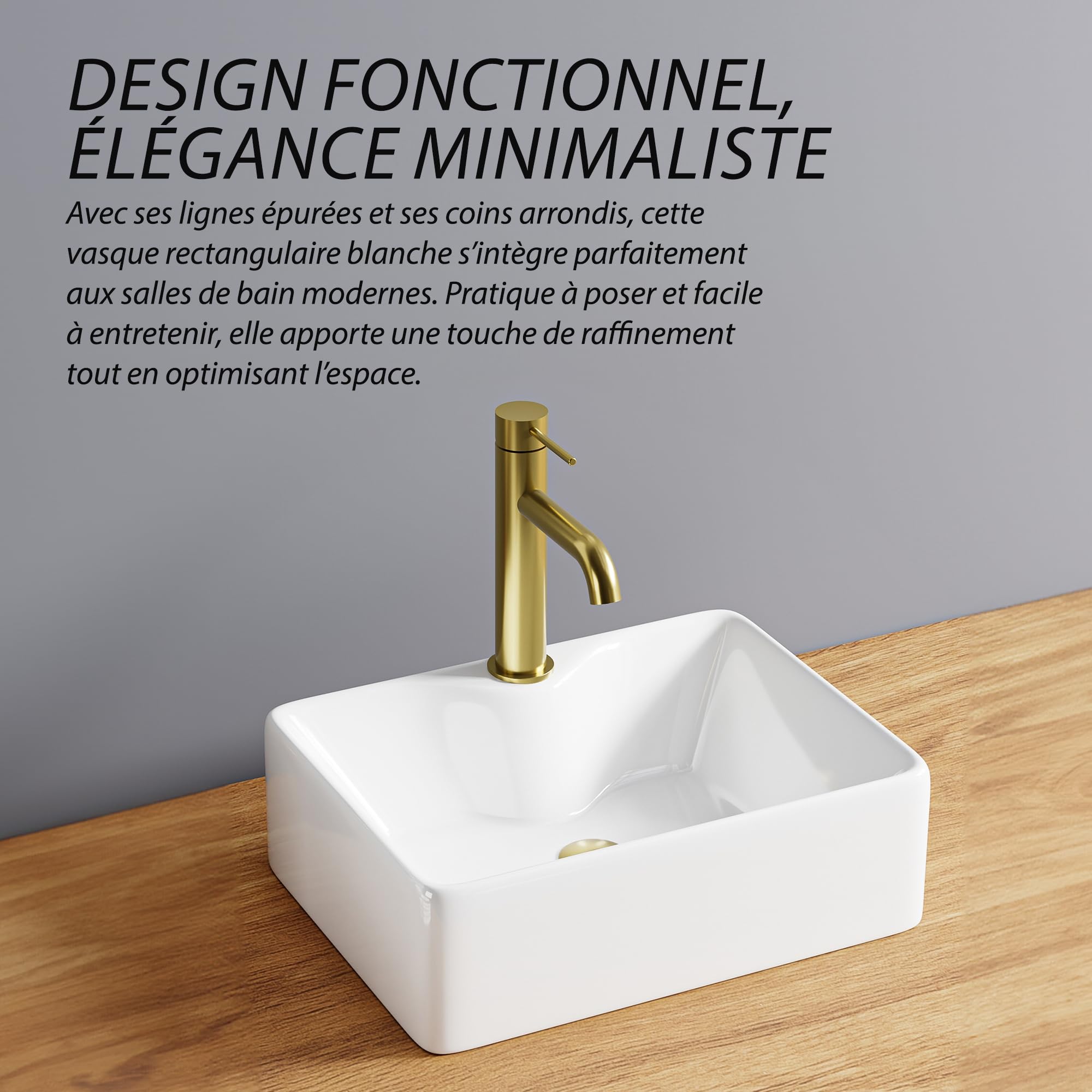 Lavabo rettangolare in ceramica bianca 40 x 30 x 13 cm – Lavabo da appoggio con spiaggia per miscelatore – Design moderno con angoli arrotondati – ideale per il bagno contemporaneo – facile