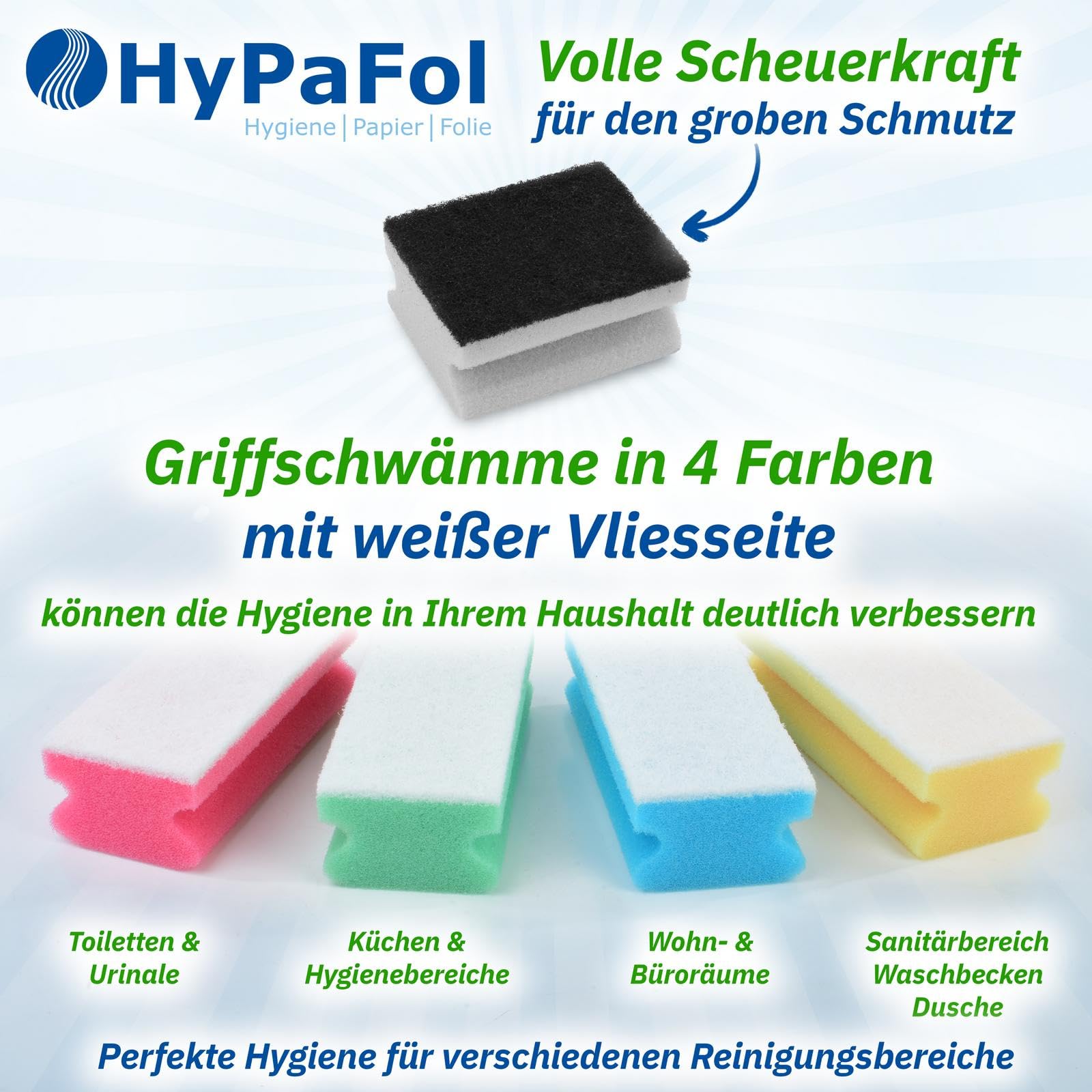 HypaFol Schwamm für Möbel in blau-weiß 120 Stück I Sanfter Putzschwamm für empfindliche Oberflächen I Reinigungsschwamm für Türen, Fensterbänke, Tische & Stühle I XL Griffschwamm mit 5mm Scheuerseite