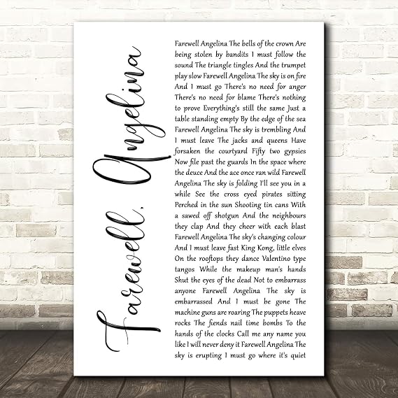Farewell, Angelina White Script Song Lyric Print