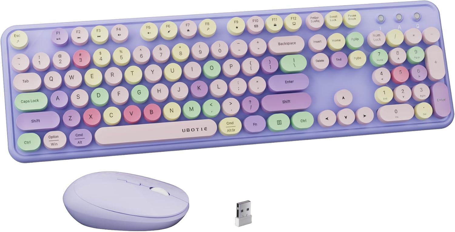 x UBOTIE Colorful Wireless Keyboard and Mouse Combo, Full-Sized Office Keyboard with Typewriter Flexible Keys, 2.4GHz Dropout-Free Connection, Optical Mouse for PC Laptop(Purple Colorful)