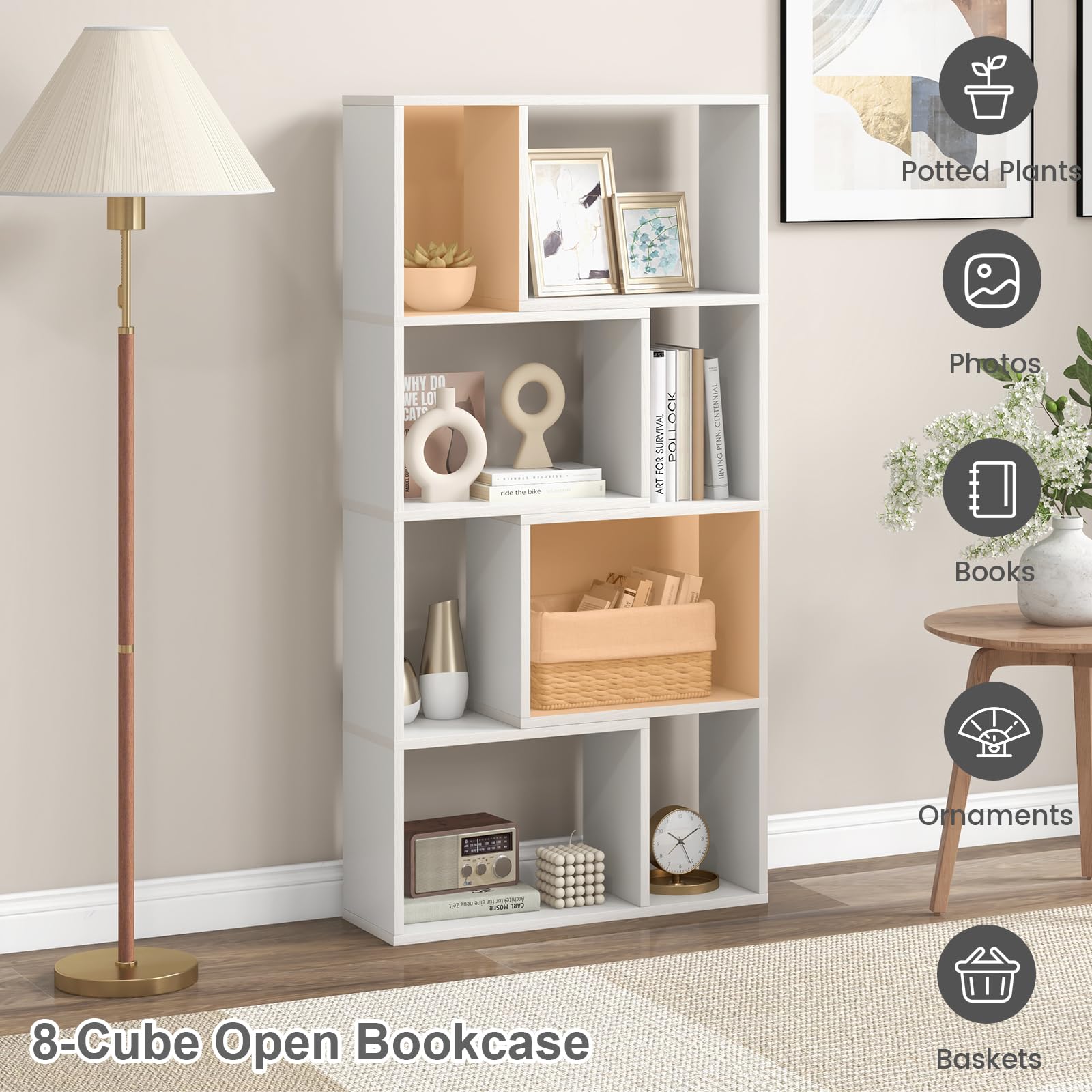 HOMASIS Libreria da Parete a 4 Ripiani, Libreria Scaffale con Piedini Antiscivolo e Dispositivo Antiribaltamento, Stile Scandinavo, Mobile Portaoggetti per Soggiorno, 60 x 20 x 120 cm (Bianco)