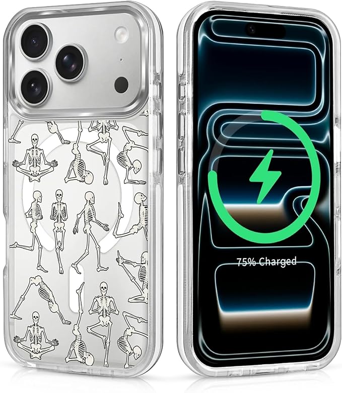 Compatible with iPhone 18 Pro 17 Pro White Case for MagSafe,Clear Classic Hybrid Magnetic Scratch Resistant Back Drop Protection Funny Skulls for Yoga Case