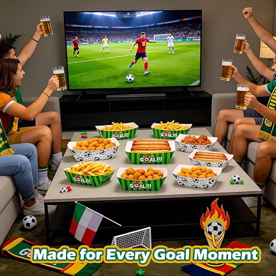 100PCS 2LB Soccer Party Food Trays, No Folding Required, Ready to Use Paper Serving Boats for Snacks, Nachos and Party Food, Game Day, World Cup Viewing, Birthday, Tailgate and Sports Events