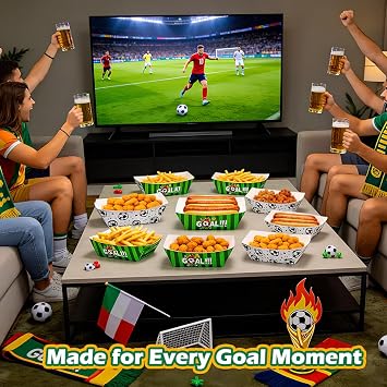 100PCS 2LB Soccer Party Food Trays, No Folding Required, Ready to Use Paper Serving Boats for Snacks, Nachos and Party Food, Game Day, World Cup Viewing, Birthday, Tailgate and Sports Events