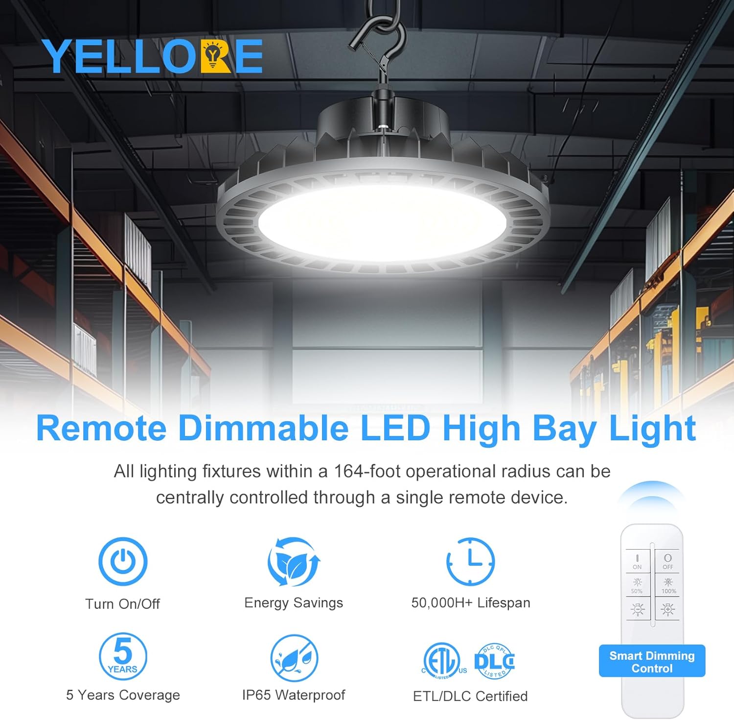 LED High Bay Light 150W 22500LM 5000K Dimmable with Remote Control ETL DLC Listed High Bay LED Shop Lights IP65 Waterproof for Warehouse Workshop Factory Gym Garage Barn AC100-277V