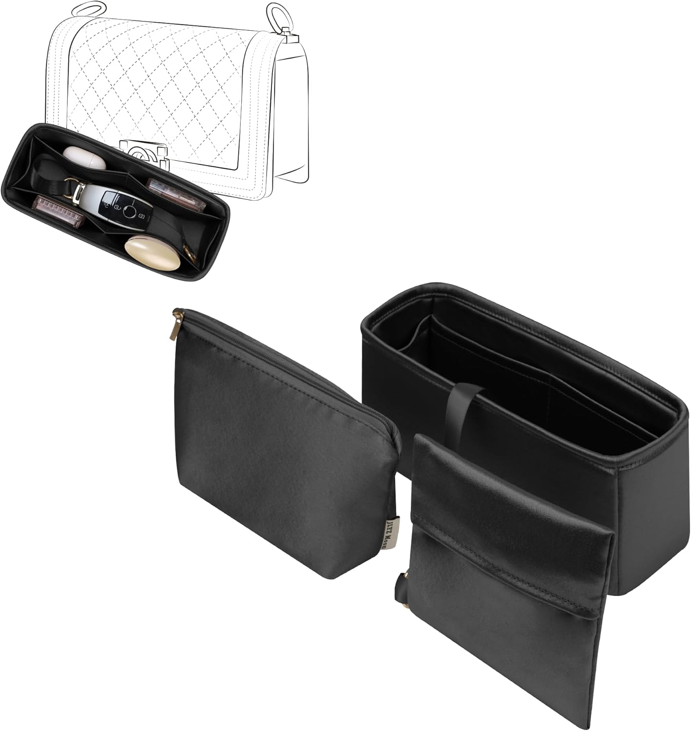 JLYZ Moonバッグインバッグ3点セット（インナーポーチ＆多目的サテンポーチ＆収納ポーチ）高級サテン生地伸縮可能ハンドバッグ整形適用CHANL専用（leboyボーイシャネルmediumミディアム25用ブラック）