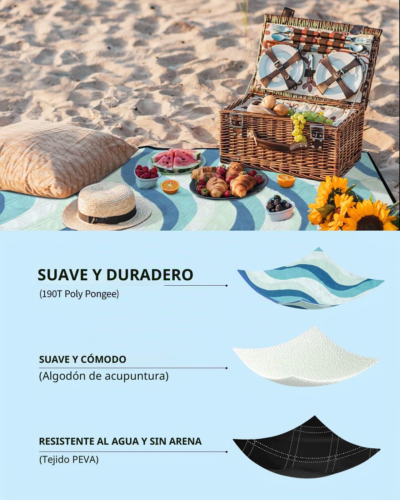 COVACURE Manta de Picnic 200x200 cm XXL Esterilla de Playa, Impermeable, Antiarena, Lavable e Aislante para Camping, Picnic y Playa