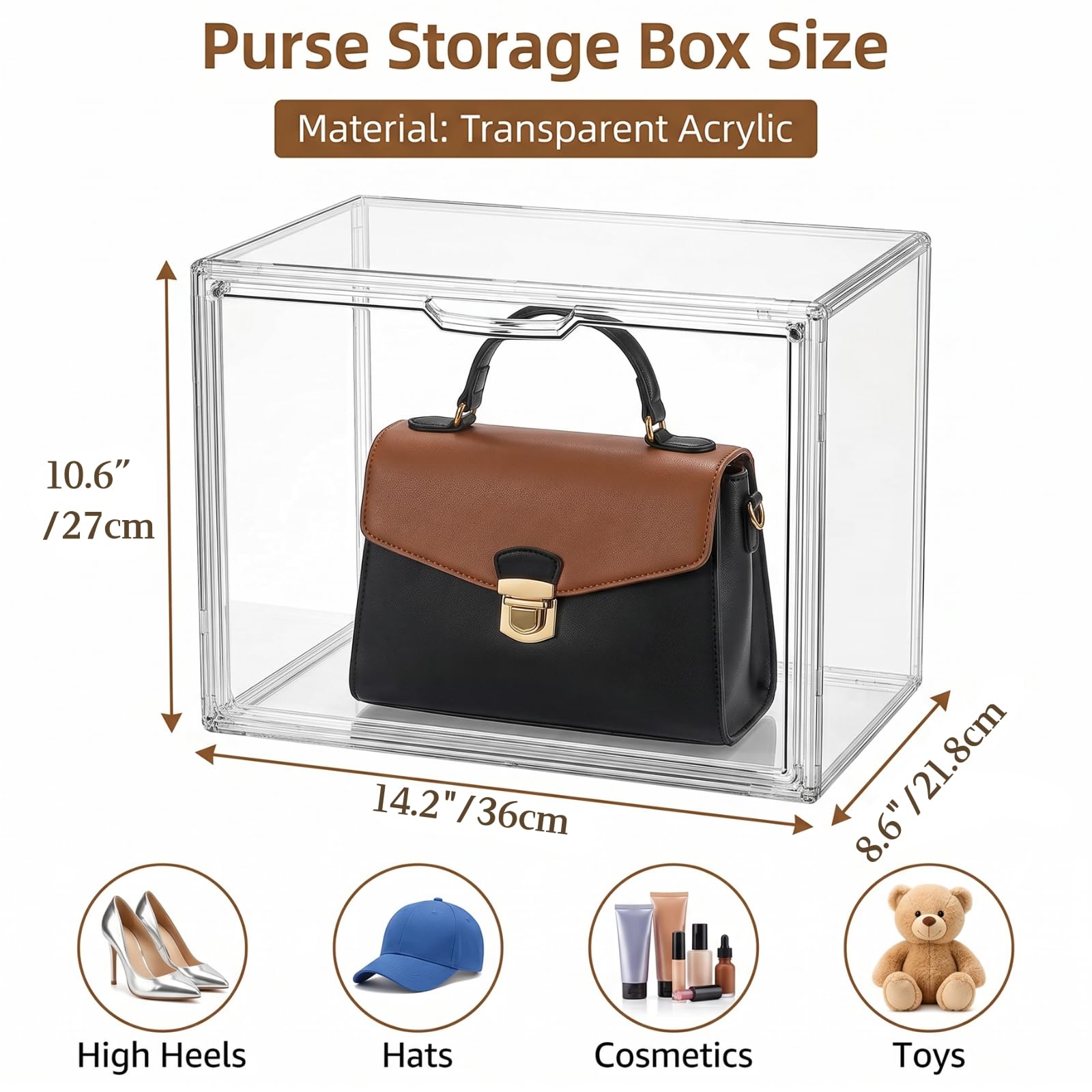 AVLA Paquete de 3 organizadores de almacenamiento de bolsas de plástico para armario, vitrina de acrílico transparente con puerta magnética, organizador de bolso apilable de lujo, cajas coleccionables