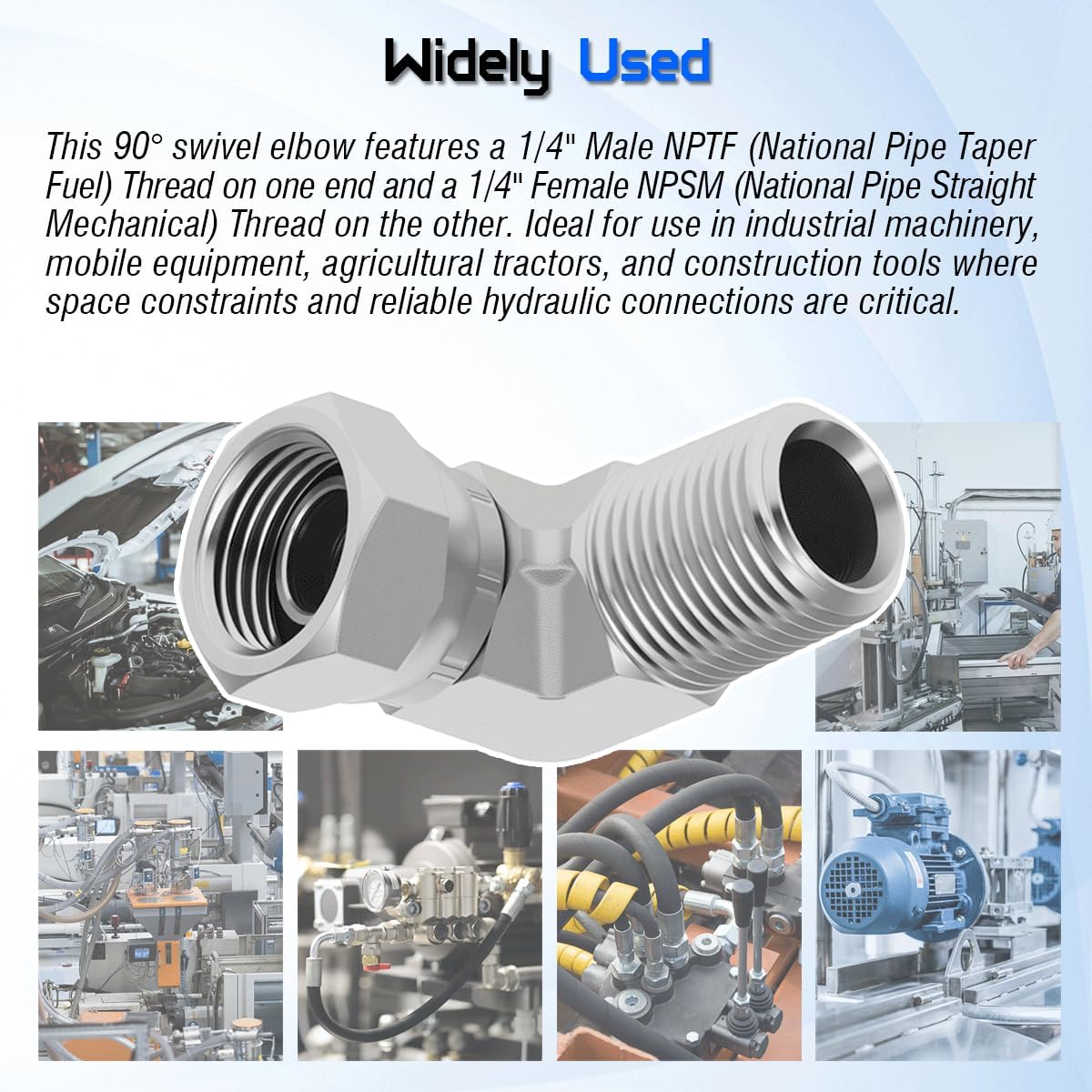 1501-04-04 Hydraulic Hose Fitting 1/4" Male NPTF to 1/4" Female NPSM 90° Swivel Elbow Adapter, SAE J512 Standard, Carbon Steel Pipe Joints Connector for Hydraulic Systems (2 Pack)