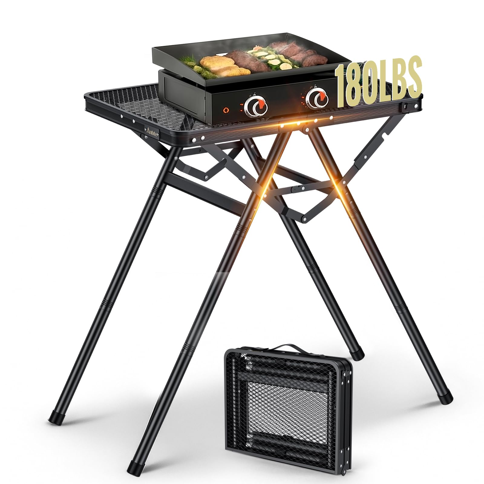Anbte Grilltisch Klappbar 60x40cm X-Frame-Design 80kg Belastbar, Schwarz | 3 Verstellbar Höhe 24.5/47/71cm, Wasserfest Metallgitter Tischplatte Tragbar Klapptisch für BBQ Camping Garten Outdoor-Kochen