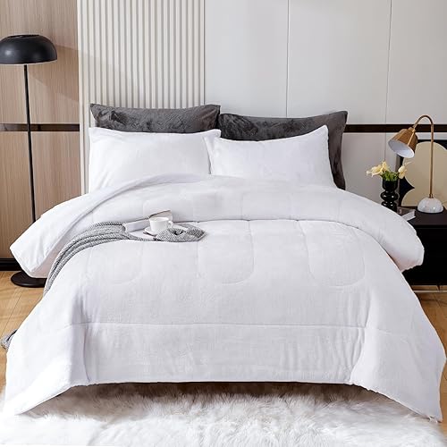 YIYEA Juego de edredón de piel sintética tamaño Queen, edredón de felpa ultrasuave y esponjoso, juego de edredón blanco tamaño Queen, juegos de ropa