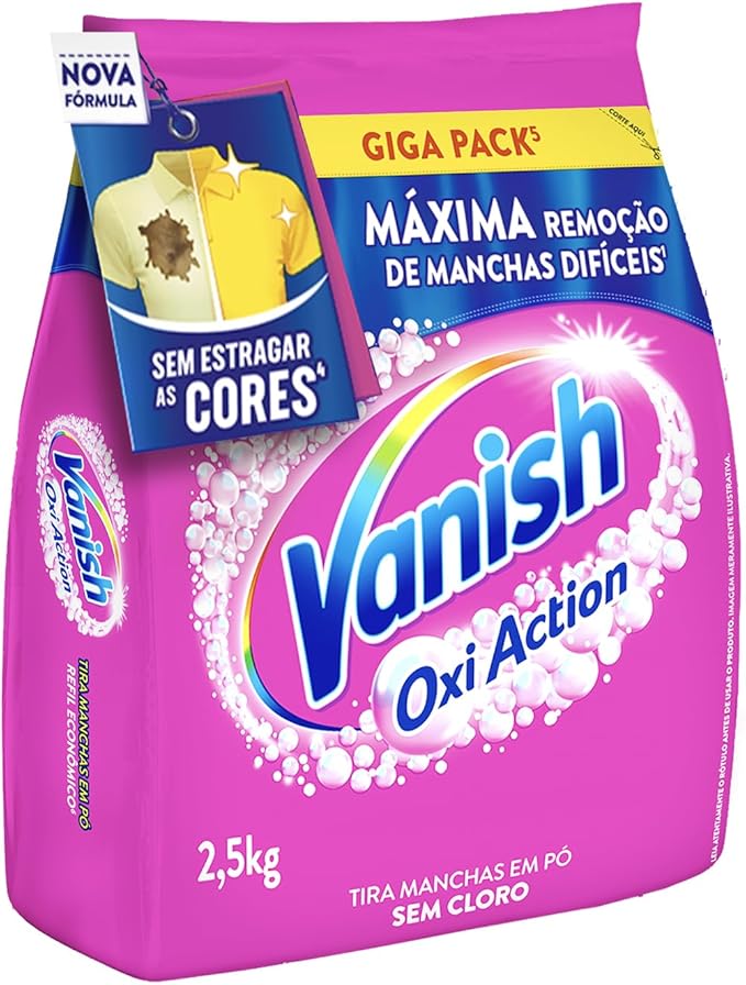 Embalagem refil rosa de 2,5kg do tira manchas Vanish Oxi Action para roupas coloridas