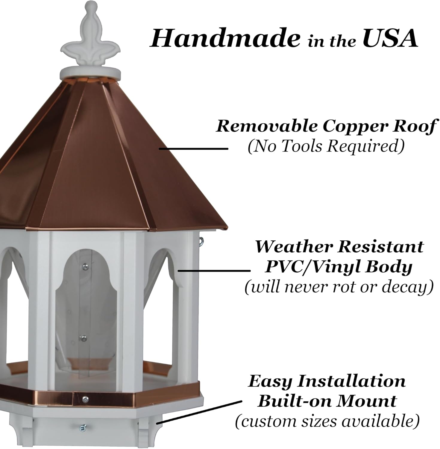 Wild Bird Feeder Solid Cellular PVC Clear Copper Roof (F8C) Made in The USA (4" x 4" Mount)