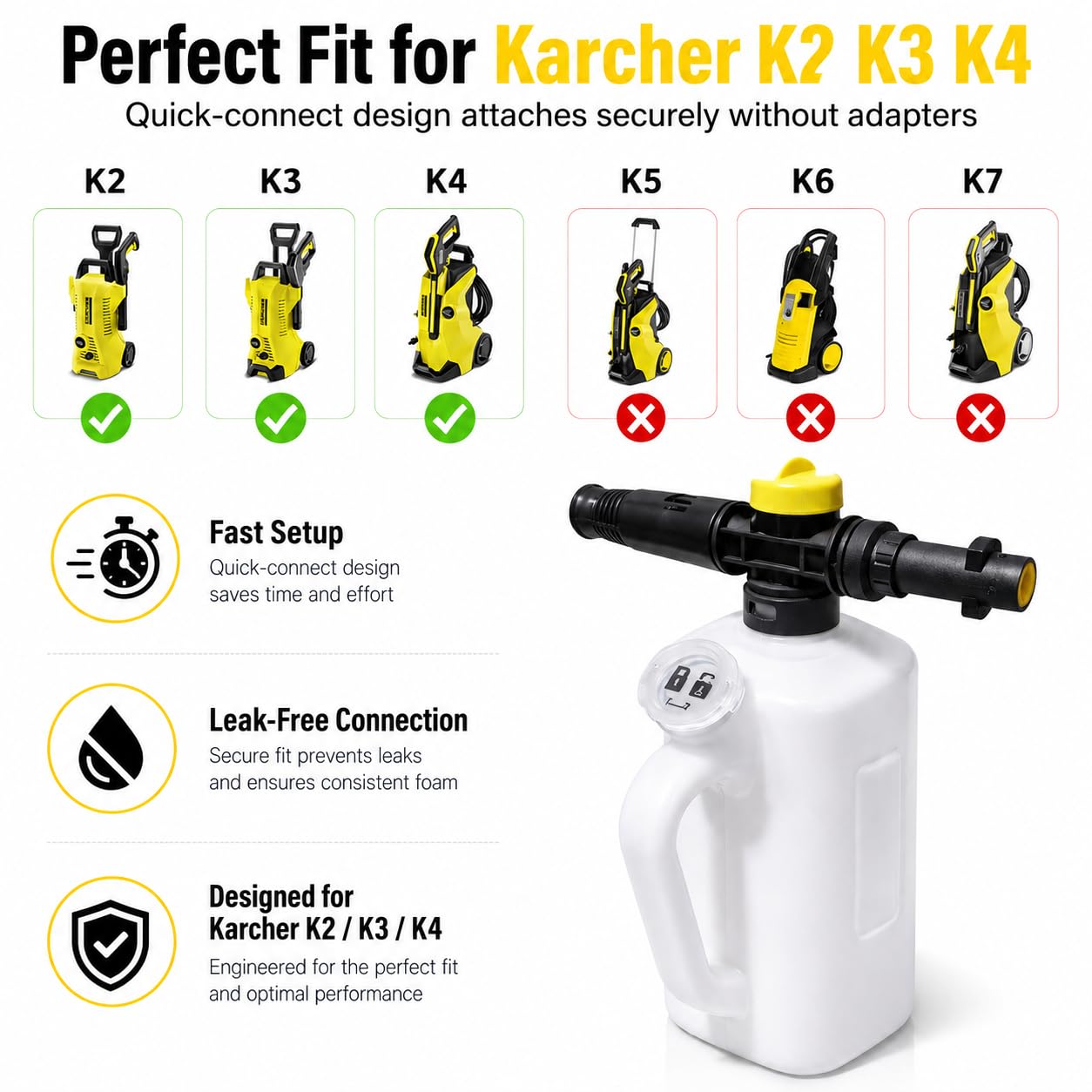 Lanca z pianki śnieżnej, działo piankowe do Karcher K2, K3, K4, 1 l, butelka ciśnieniowa, pianka śnieżna, myjka z regulowaną dyszą natryskową