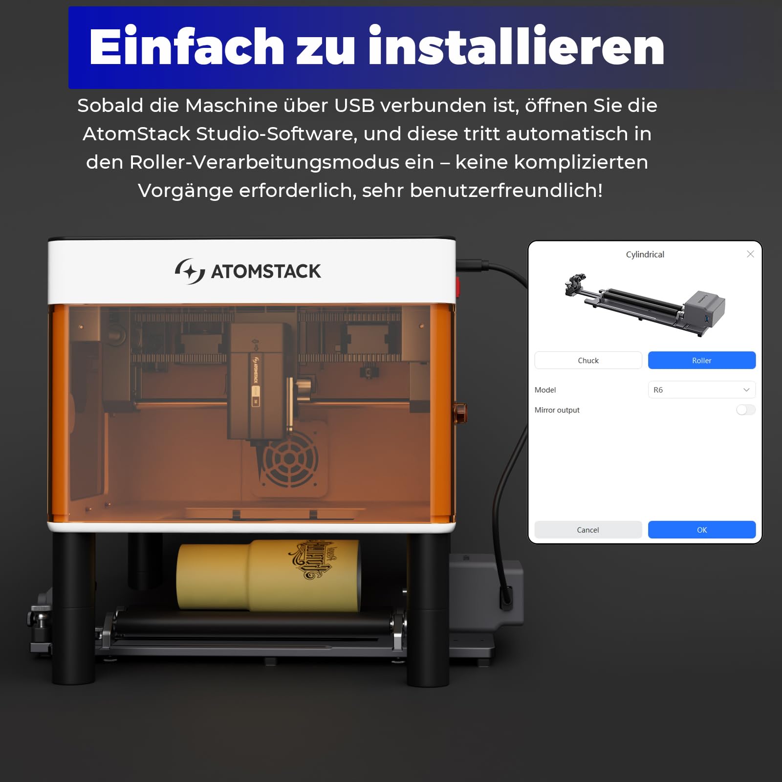 ATOMSTACK R6 Rotationswalze für P1 Laser Gravüreimaschine, mit 4 Hebelfüßen, zur Gravur auf Zylindern, Tassen, Stiften, Nudelstangen und Dosen (R6)