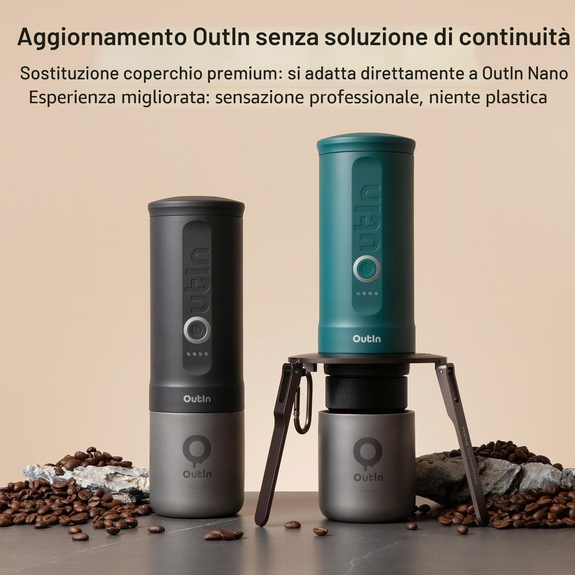 OutIn Tazza da Caffè in Titanio Ultralight, Mug da Campeggio a Doppia Parete, Titanio Puro che Preserva il Gusto, Compatibile con Macchina Espresso Nano per Trekking e Campeggio (220 ml)