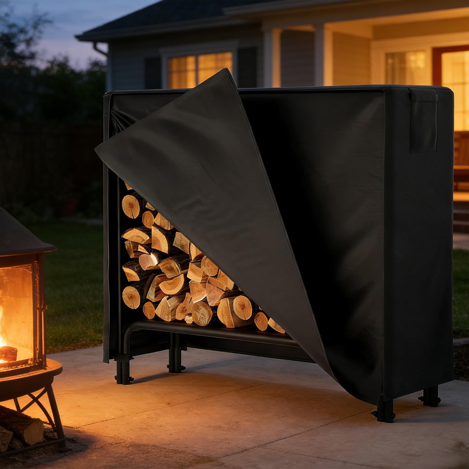 GarveeLife Firewood Log Rack with Cover Outdoor, Log Wood Storage Racks with Zipper, Heavy Duty Indoor 4 ft Firewood Logs Rack, Black Waterproof Oxford Fabric