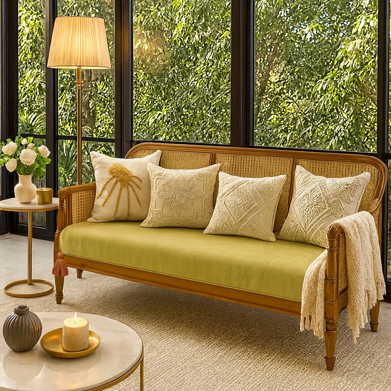 Image of Olive Green Waterproof L-Shape 4 Seater Sofa Cover with Tassels | 2+2 Seater Sectional | 3 Pc Set: 2 Seat & 2 Armrest Covers | Colourful Boho Festive Aesthetic Corner Tassels Sofa Throw