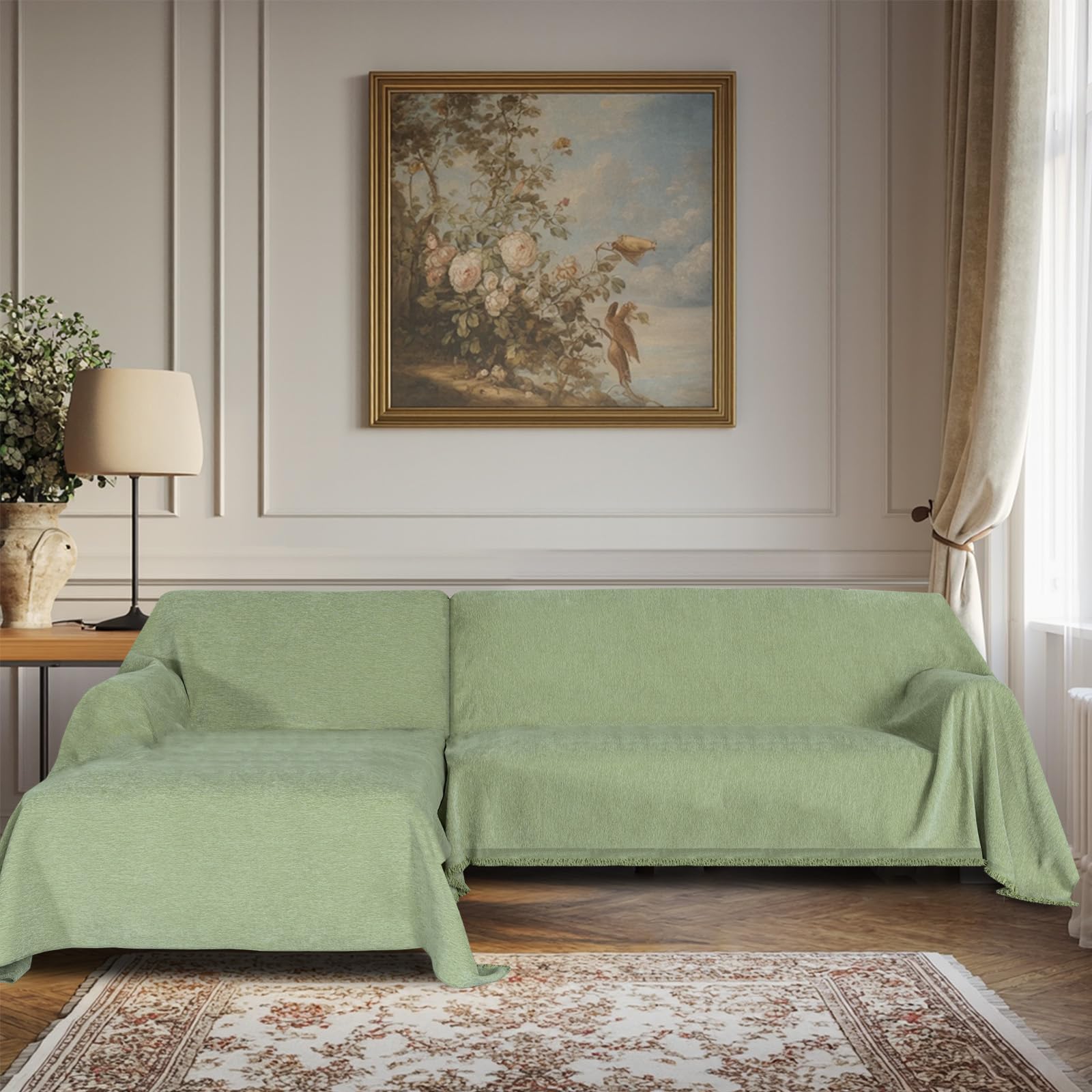 Sofa Chaise Longue 3 Seater Cover, Pack 2 Pieces Sofa Protector, Matcha Green, 180 x 279 cm – Anti-Intense Scratches + Anti-Pile Barrier, Breathable Chenille Fabric OEKO-TEX STANDARD 100
