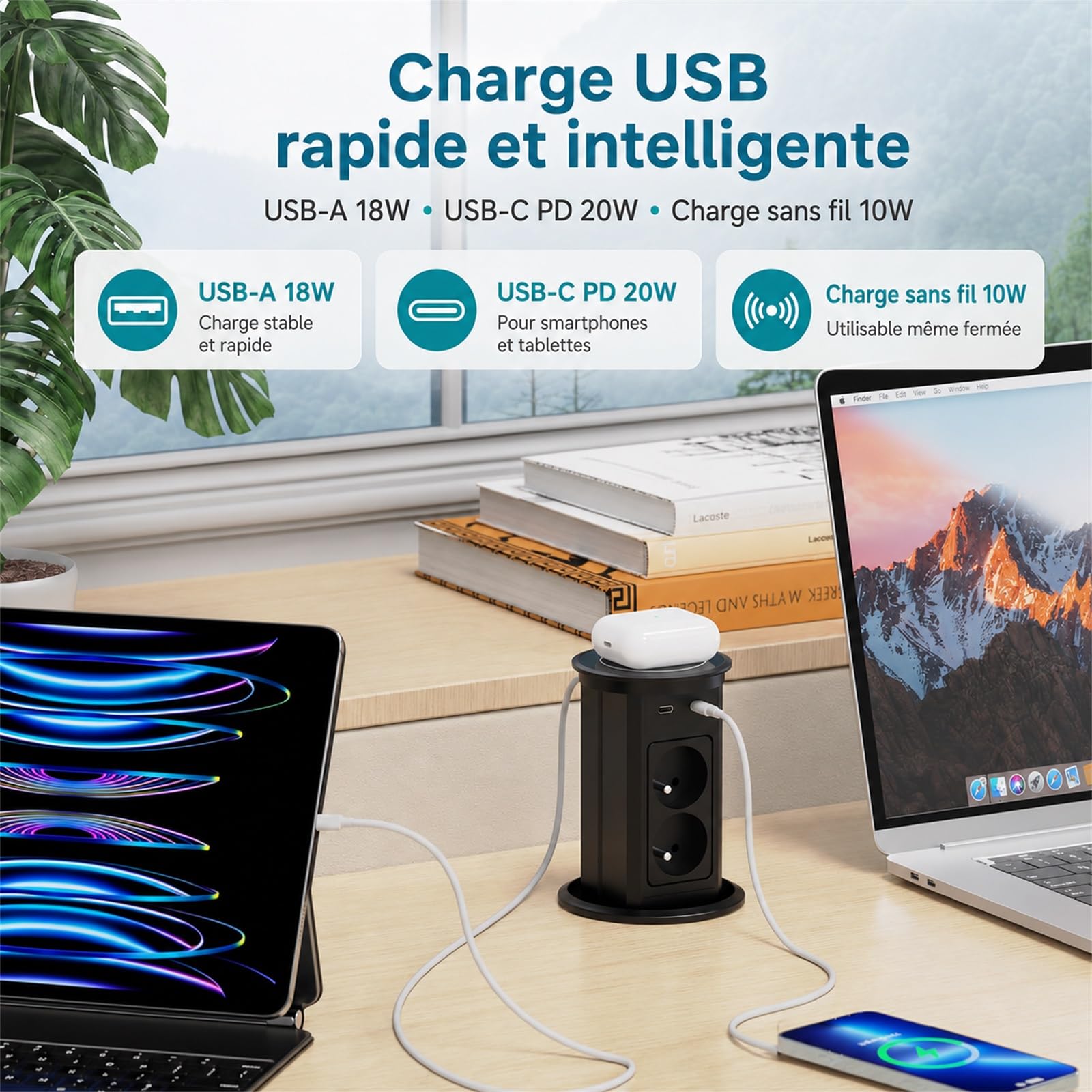 Bloc Prise Encastrable Automatique, Dinolink Multiprise Escamotable avec 4 Prises, 2 USB C(PD 20W), 2 USB A(18W), Chargeur sans Fil 10W, Câble de 2M, Ø 100MM, pour Bureau, Cuisine