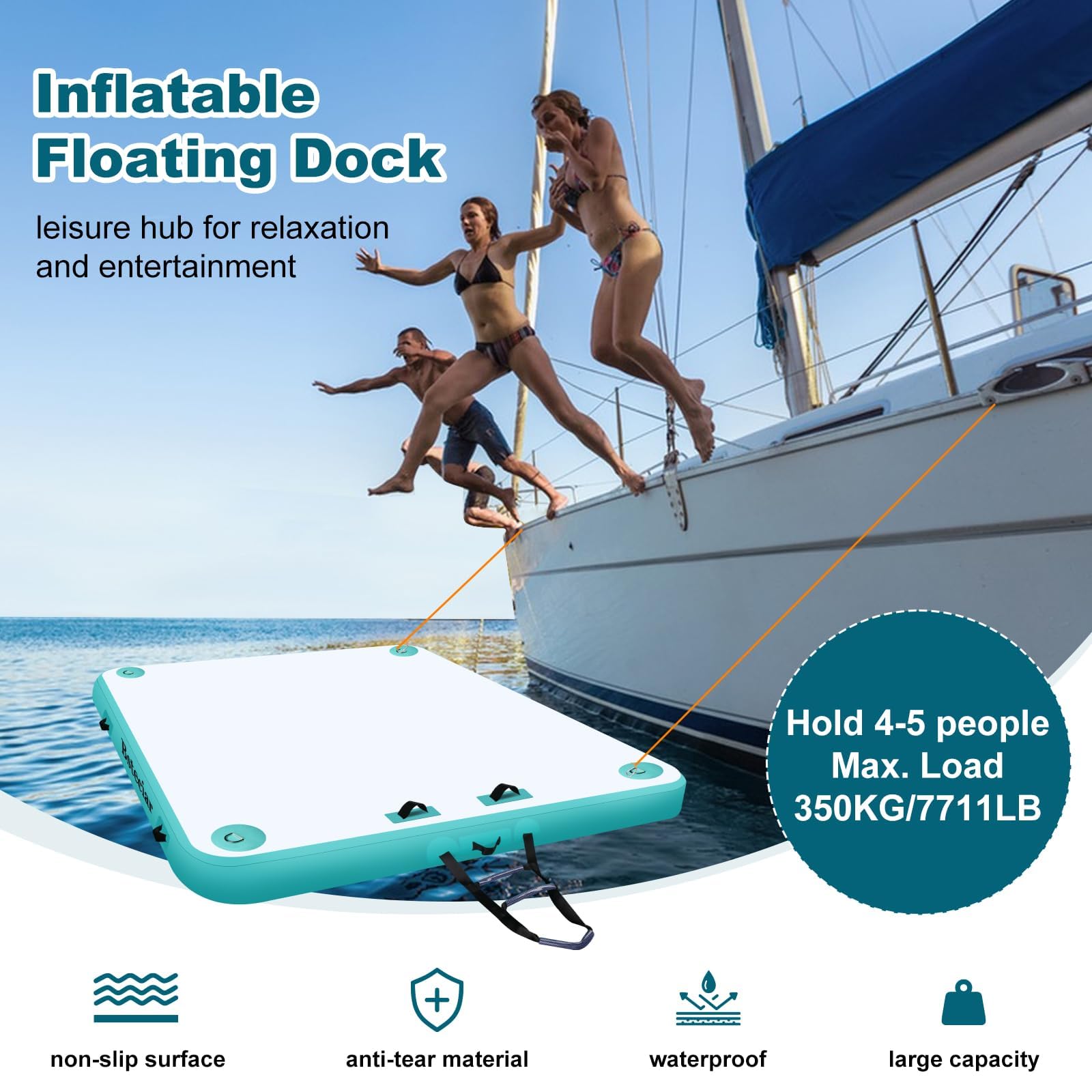 Aufblasbarer Schwimminsel Badeinsel, Schwimminsel Aufblasbar für 2-6 Personen, mit Aufbewahrungstasche, Reparaturmaterial, Spannseil, Leiter, Sehr Geeignet für Meer, Schwimmbad, See