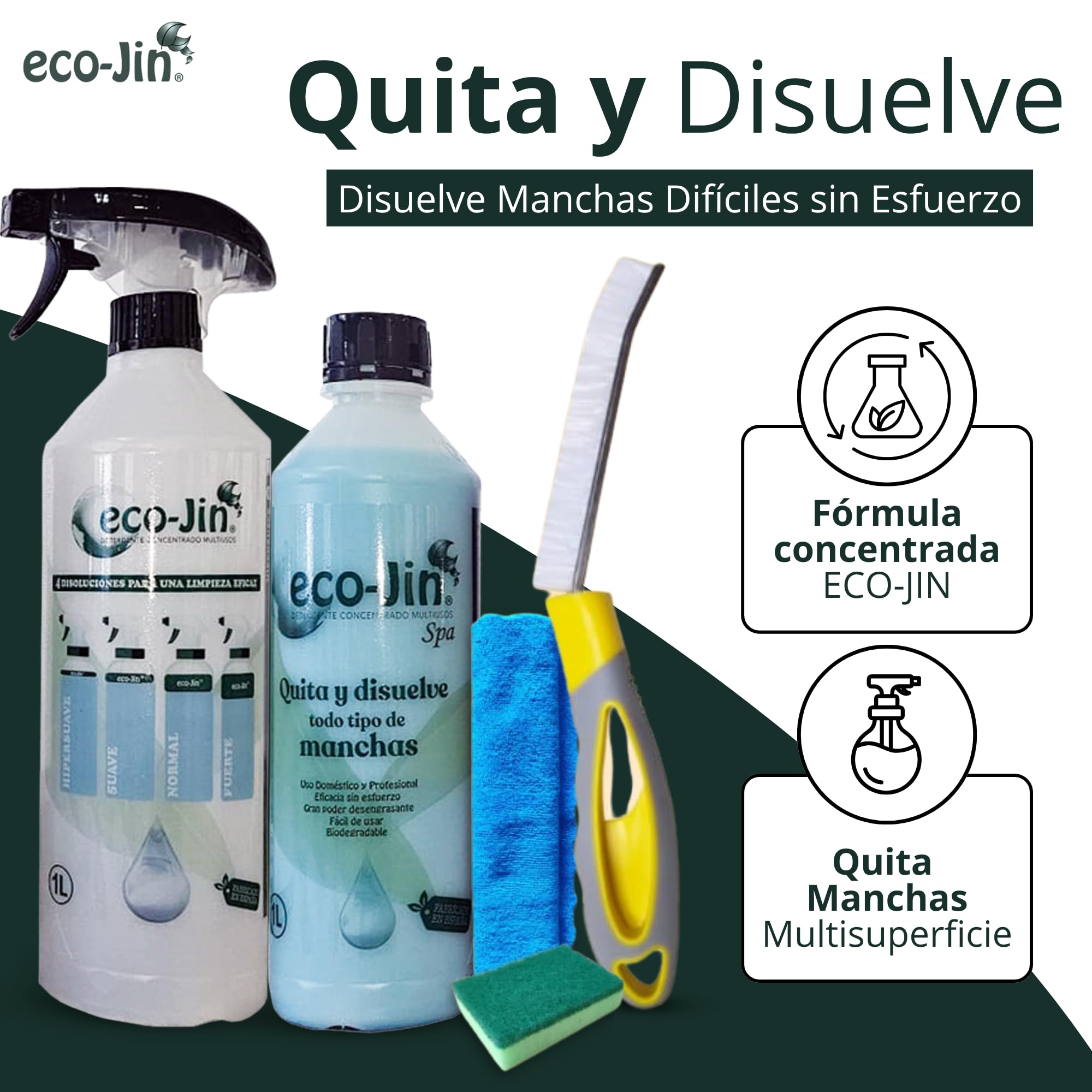 Eco-Jin Pack SPA | Difusor | Cepillo Para Juntas Amarillo | Bayeta Microfibra | Estropajo Con Esponja | Limpiador Multiusos