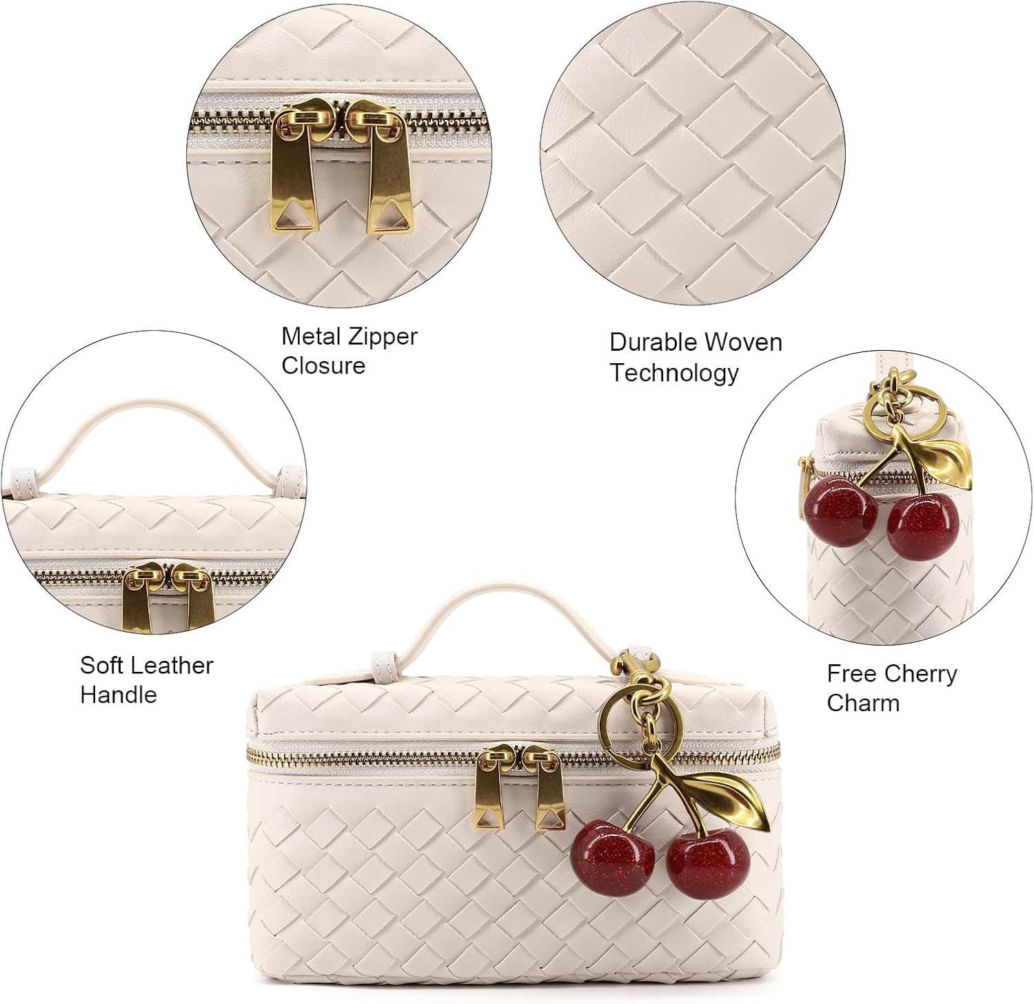 Woven Crossbody Bags for Women Trendy Clutch Purse Bag Small Top Handle Leather Handbag with Cherry Charm - Image 4