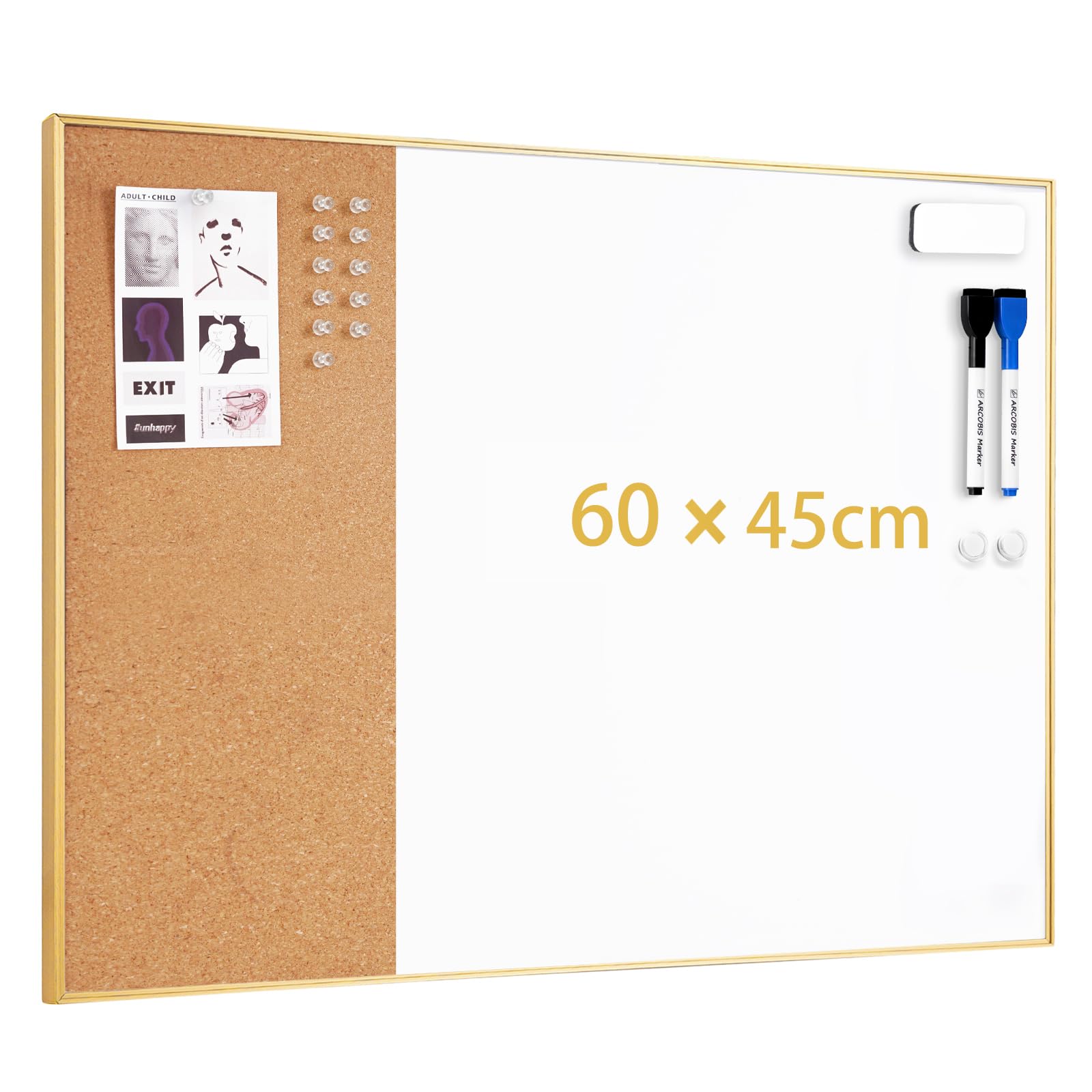 ARCOBIS trocken abwischbare Korktafel-Kombination, 60 x 45 cm, Bulletin Whiteboard für die Wand, magnetische Korktafel, Whiteboard-Kombination, Vision Board für Büro, Zuhause, Schule, Goldrahmen