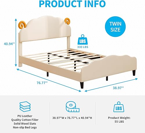 Miniatura 8 de Mjkone Cama individual tapizada para niños marco de cama de plataforma individual con cabecera curvada cama de estilo deportivo con soporte de