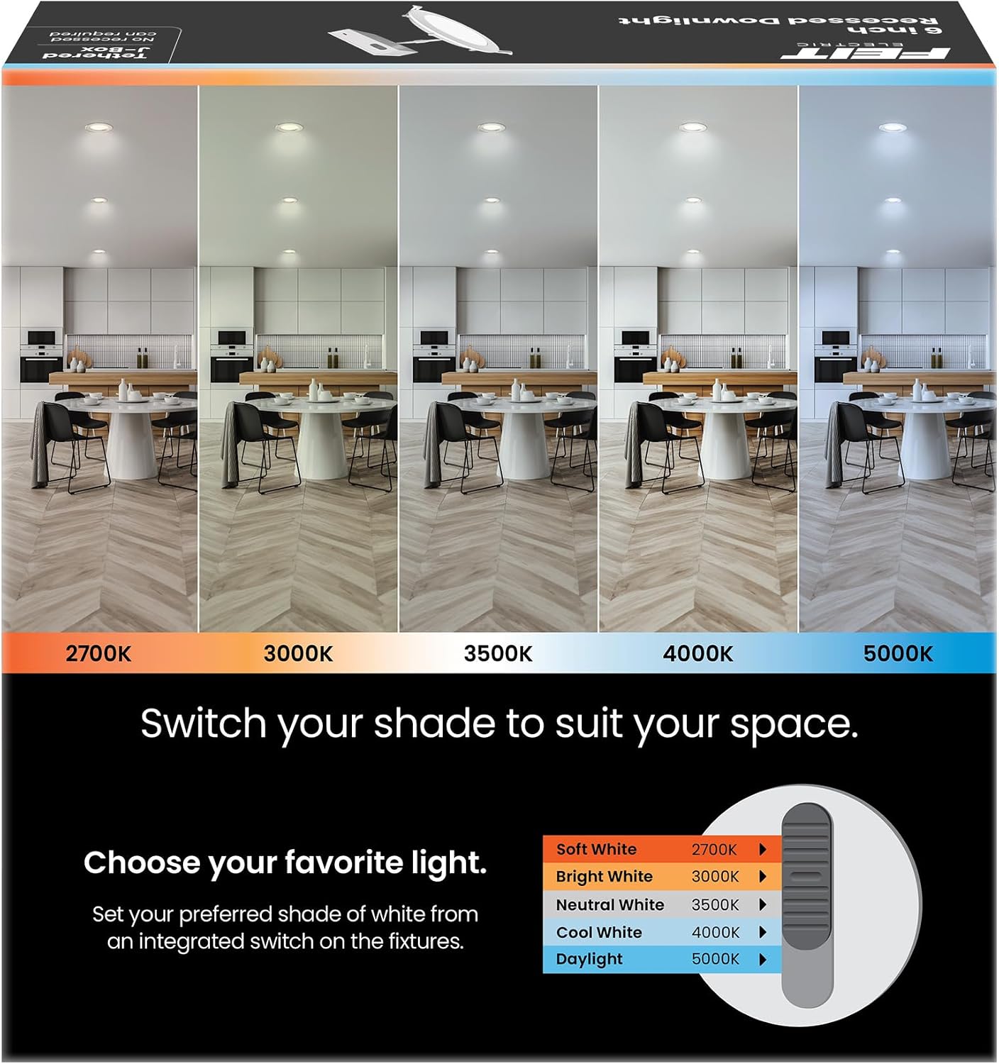 Feit Electric 6" Canless LED Recessed Downlight, 65W Equivalent, Non-Dimmable, Battery Backup, 5 Selectable Color Temperatures, Low-Clearance Applications for Indoor/Outdoor Use, LEDR6XT/BAT/5CCTCA