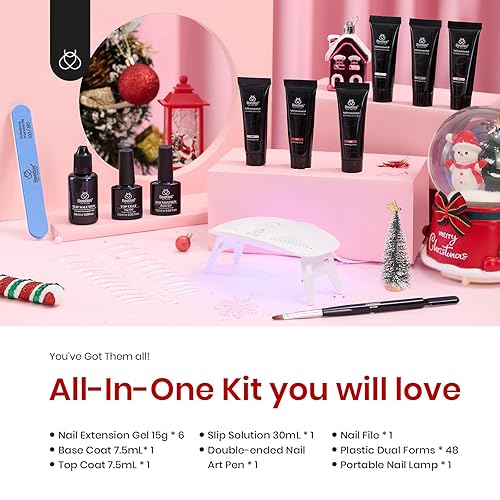 Miniatura 2 de Beetles - Kit de iniciación de gel de extensión de uñas de polietileno con luz UV, 6 colores blanco, nude, rosa, purpurina, dorado, rojo, gel